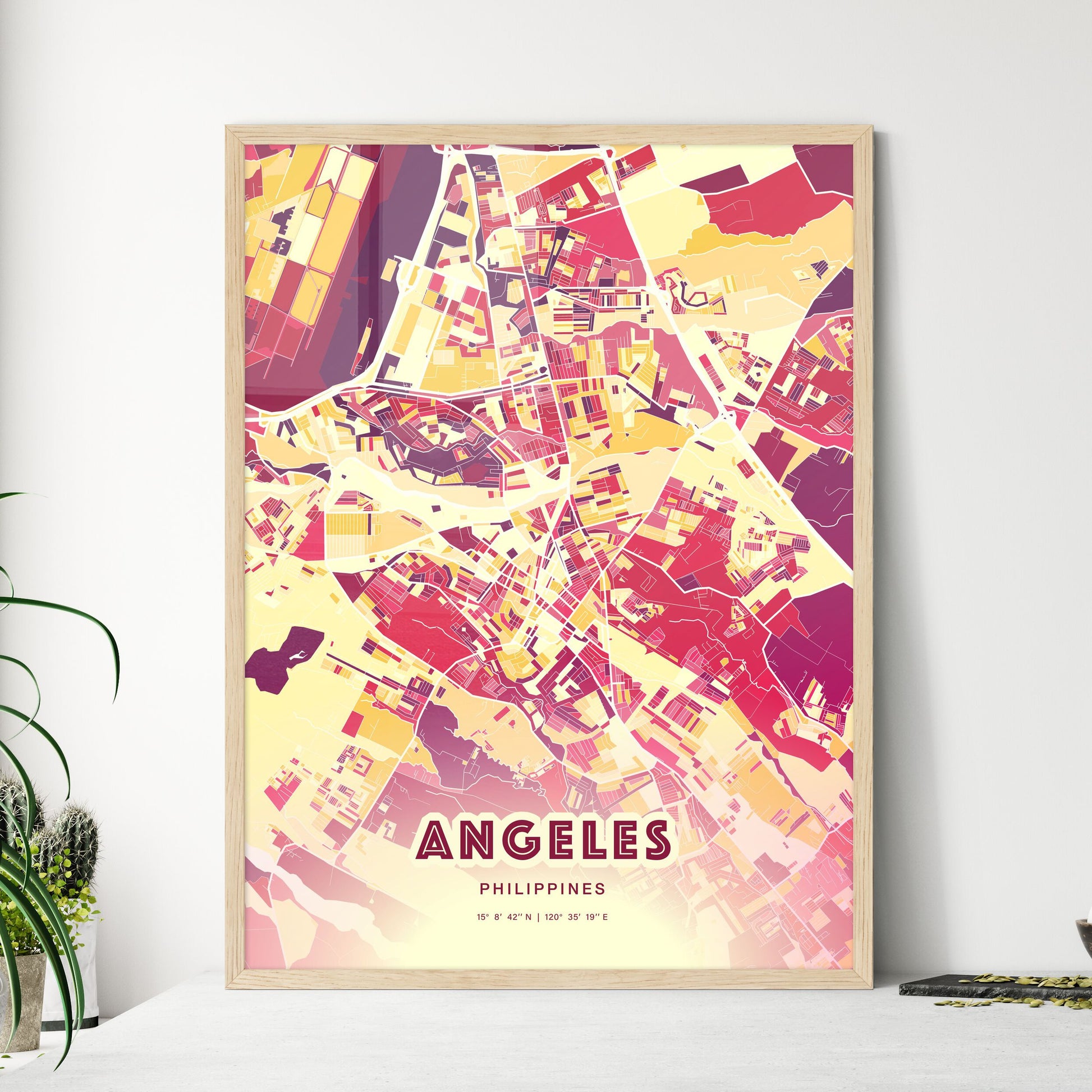 Colorful ANGELES PHILIPPINES Fine Art Map Hot Red