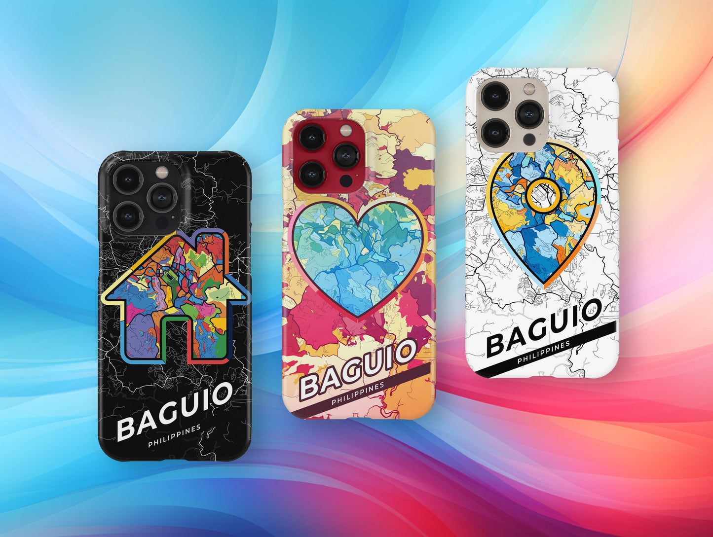 Baguio Philippines slim phone case with colorful icon. Birthday, wedding or housewarming gift. Couple match cases.