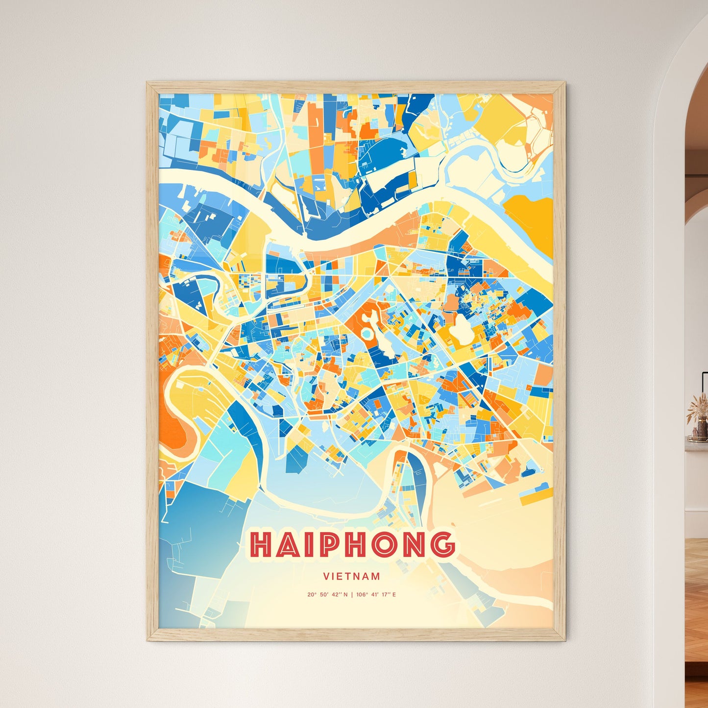 Colorful Haiphong Vietnam Fine Art Map Blue Orange