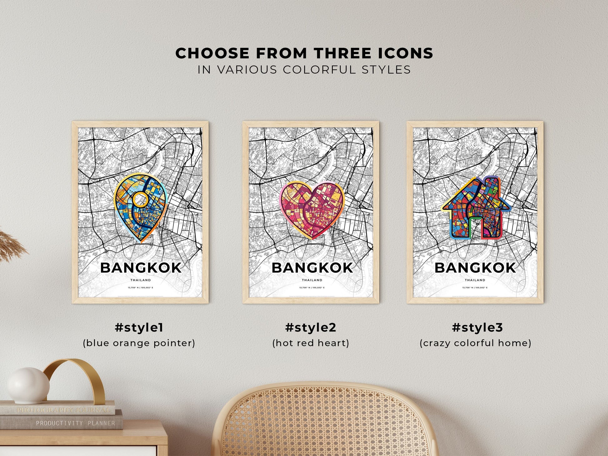 BANGKOK THAILAND minimal art map with a colorful icon. Where it all began, Couple map gift.