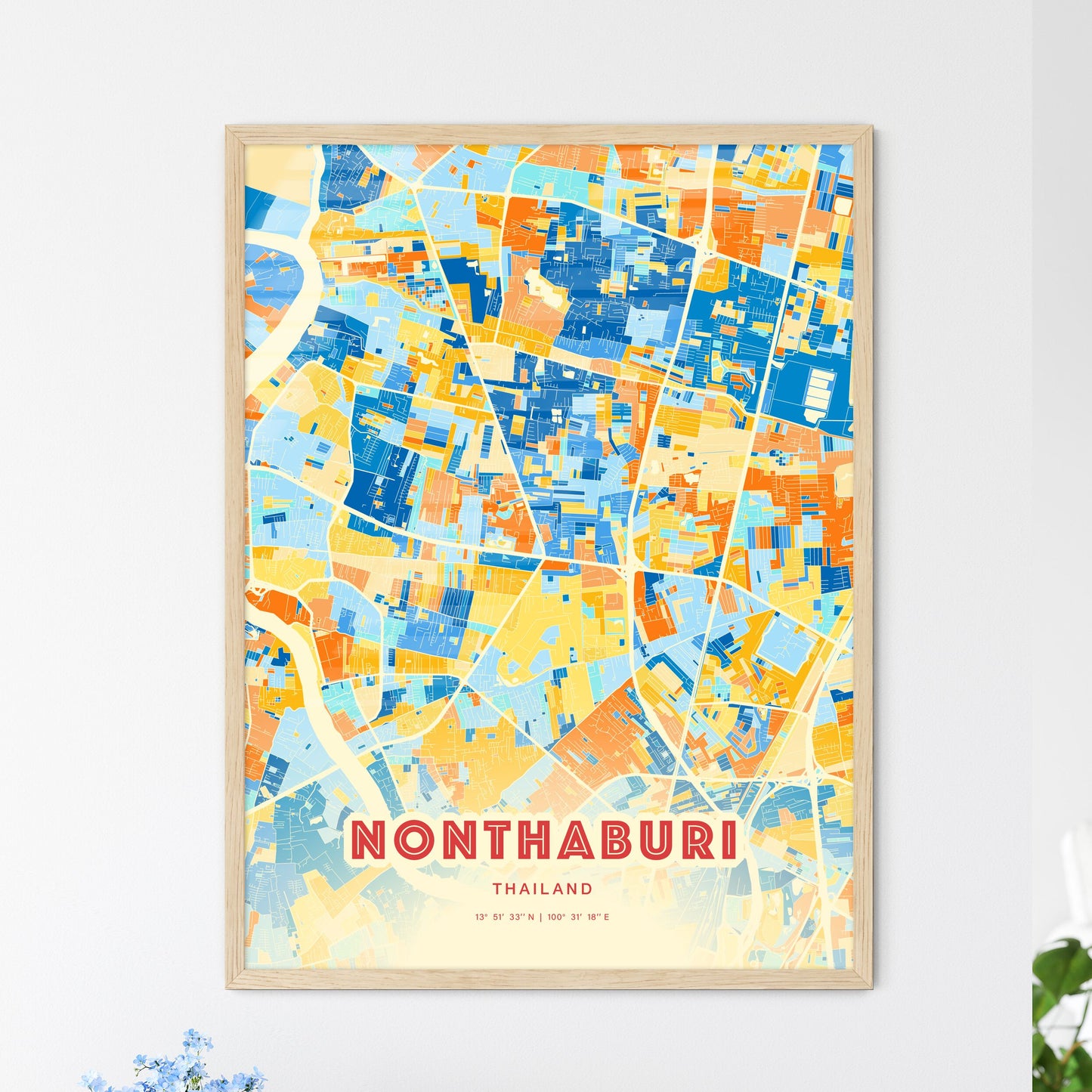 Colorful Nonthaburi Thailand Fine Art Map Blue Orange