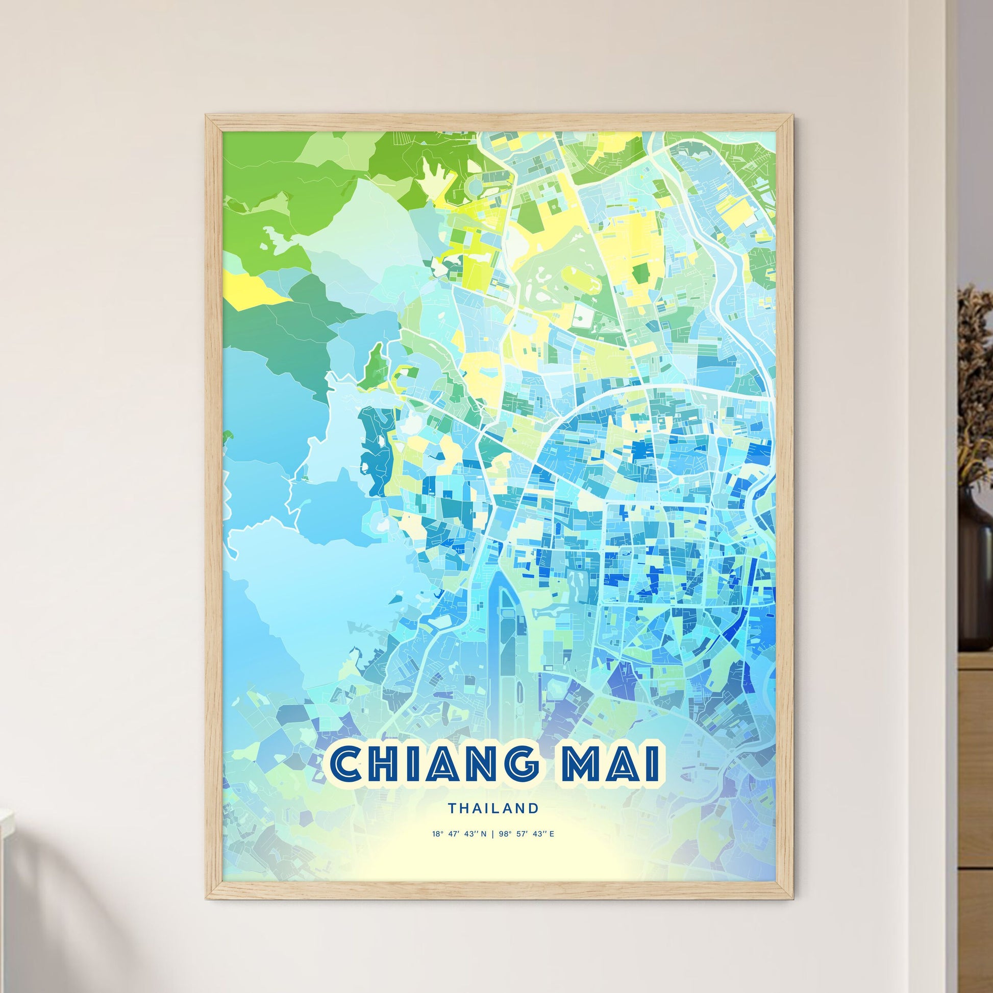 Colorful CHIANG MAI THAILAND Fine Art Map Cool Blue