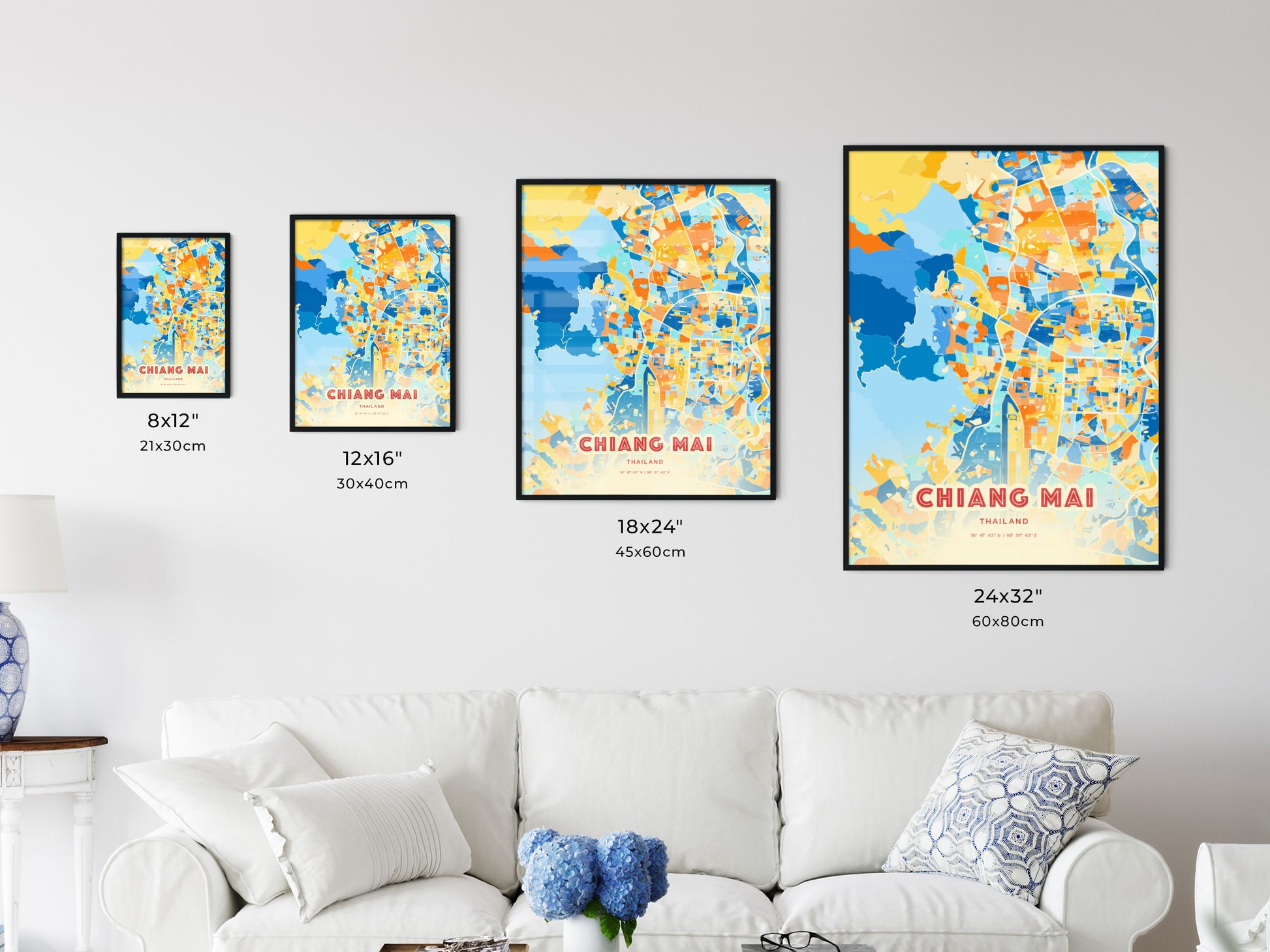 Colorful CHIANG MAI THAILAND Fine Art Map Blue Orange