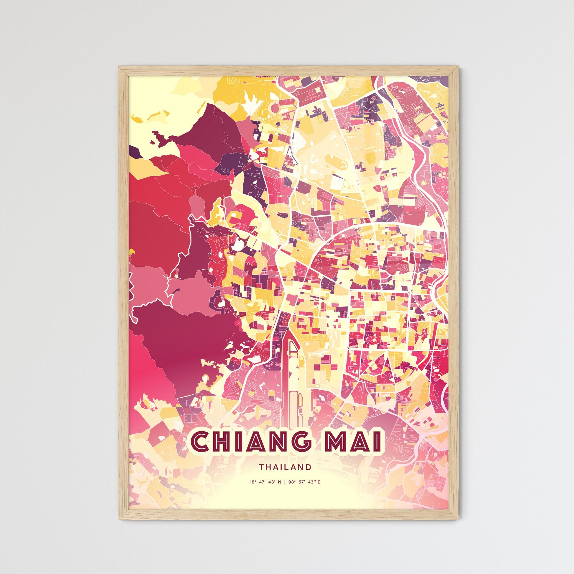 Colorful CHIANG MAI THAILAND Fine Art Map Hot Red