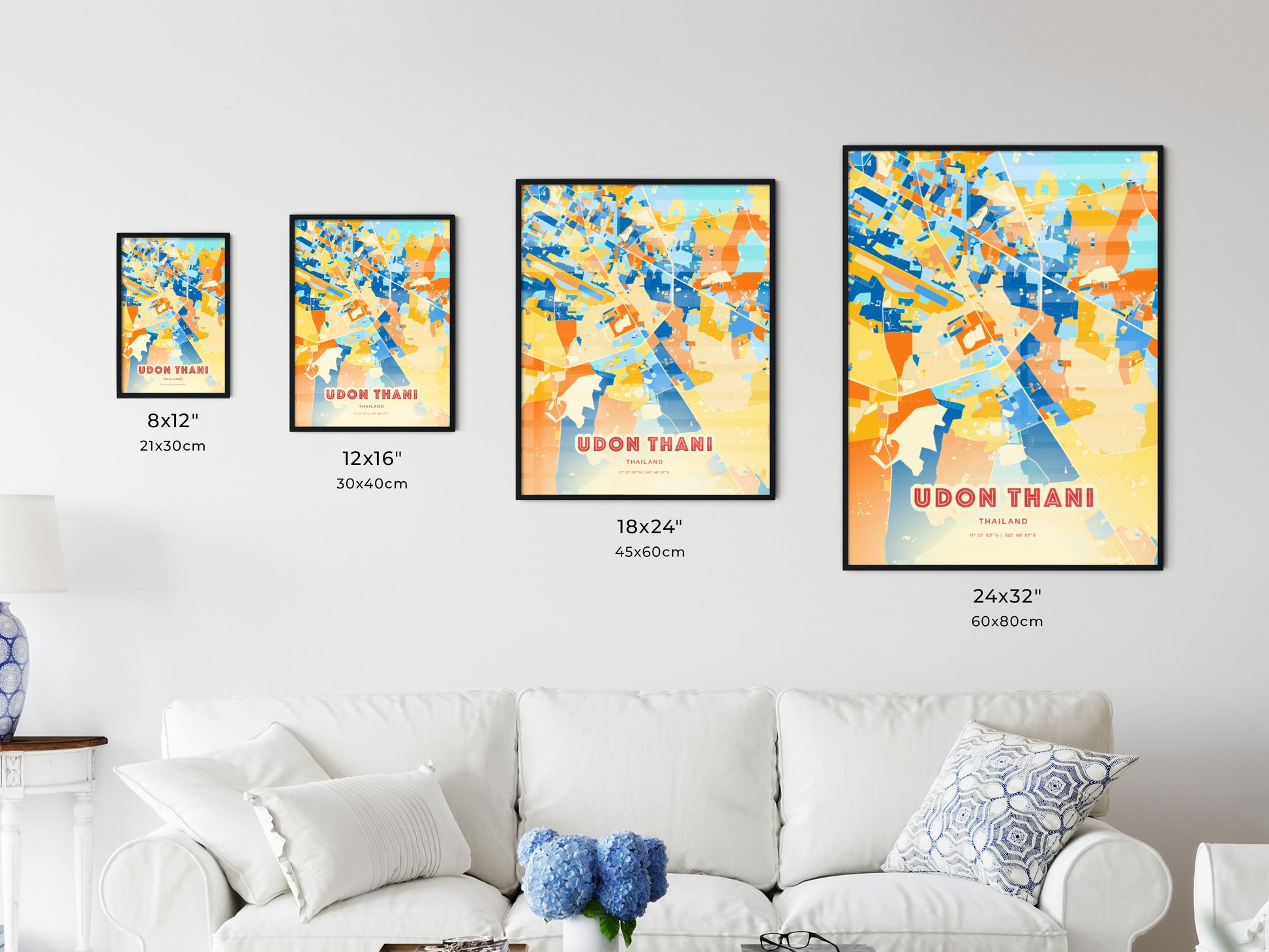 Colorful UDON THANI THAILAND Fine Art Map Blue Orange