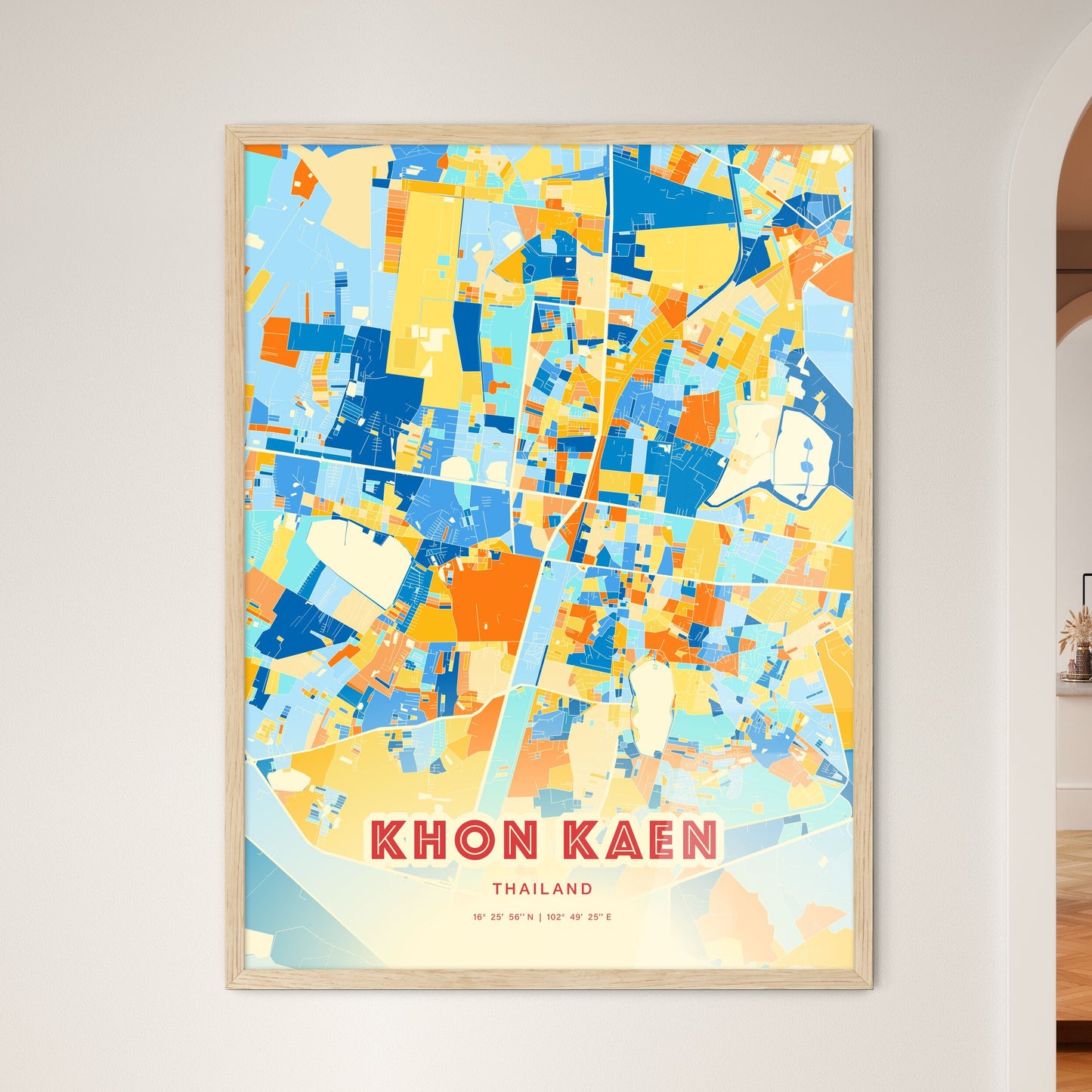 Colorful KHON KAEN THAILAND Fine Art Map Blue Orange