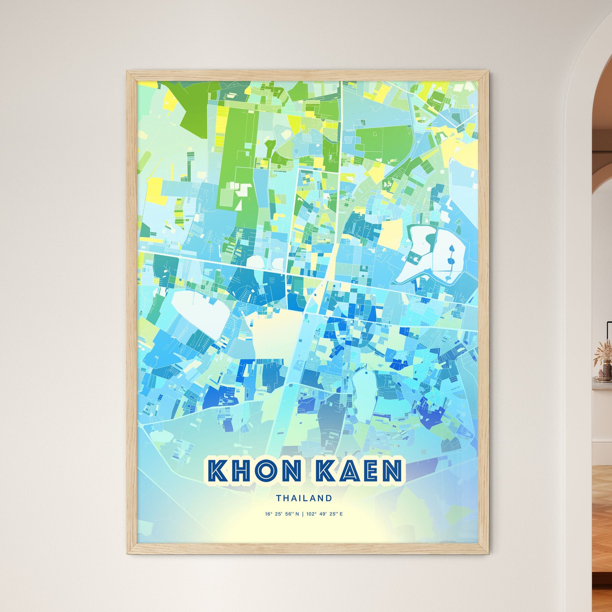 Colorful KHON KAEN THAILAND Fine Art Map Cool Blue