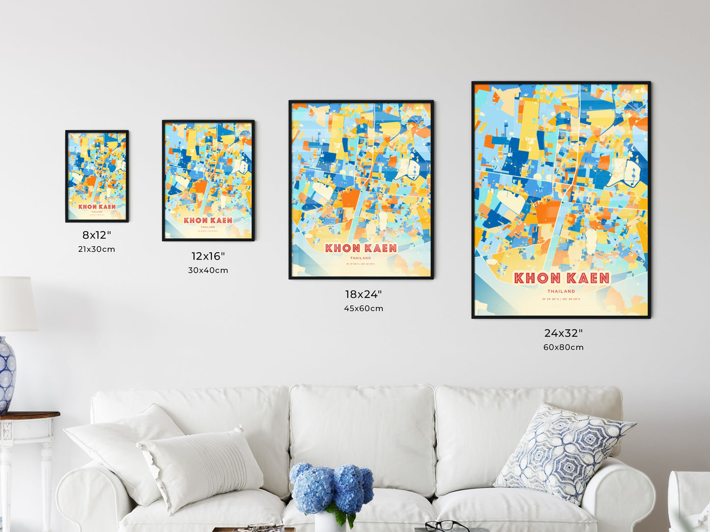 Colorful KHON KAEN THAILAND Fine Art Map Blue Orange