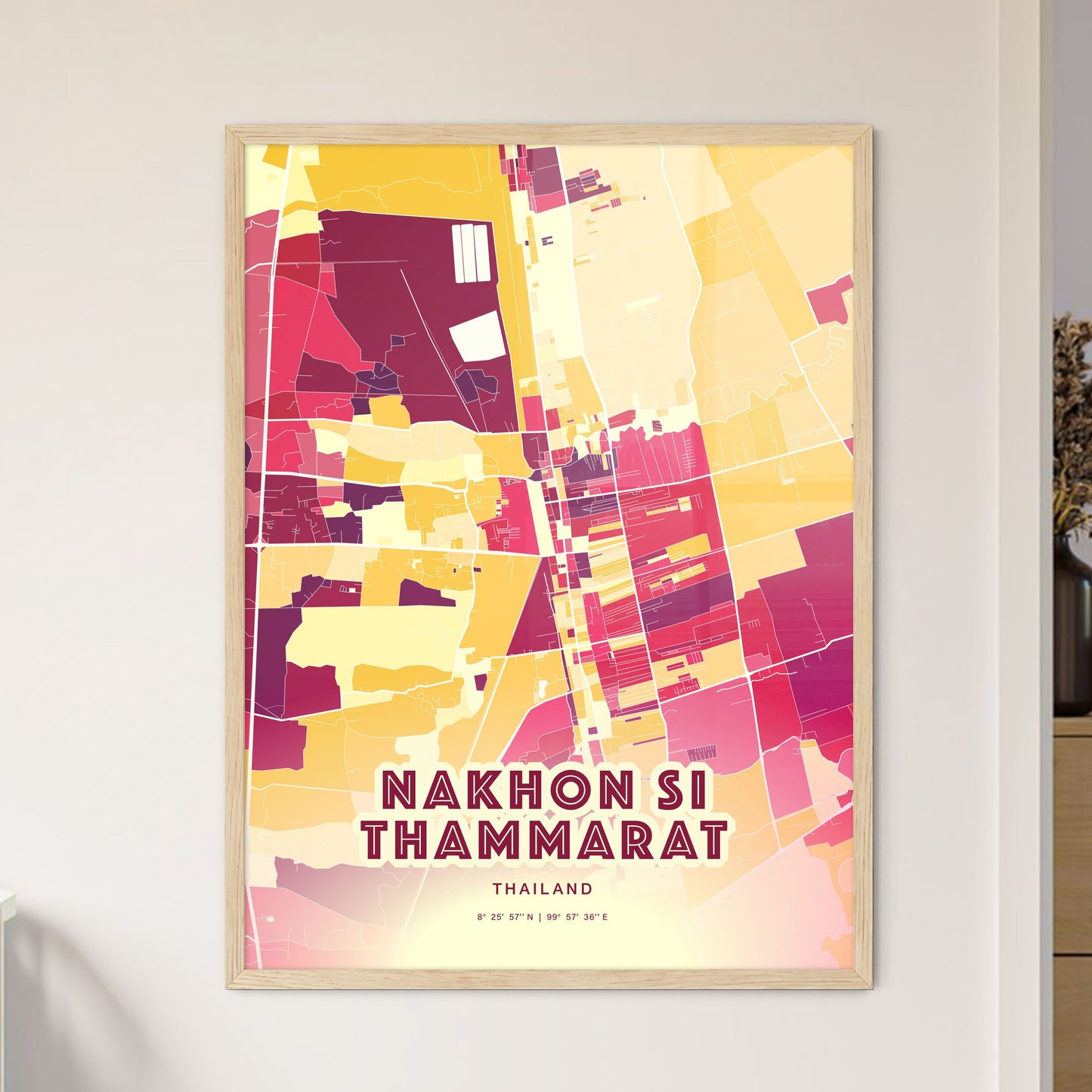 Colorful NAKHON SI THAMMARAT THAILAND Fine Art Map Hot Red