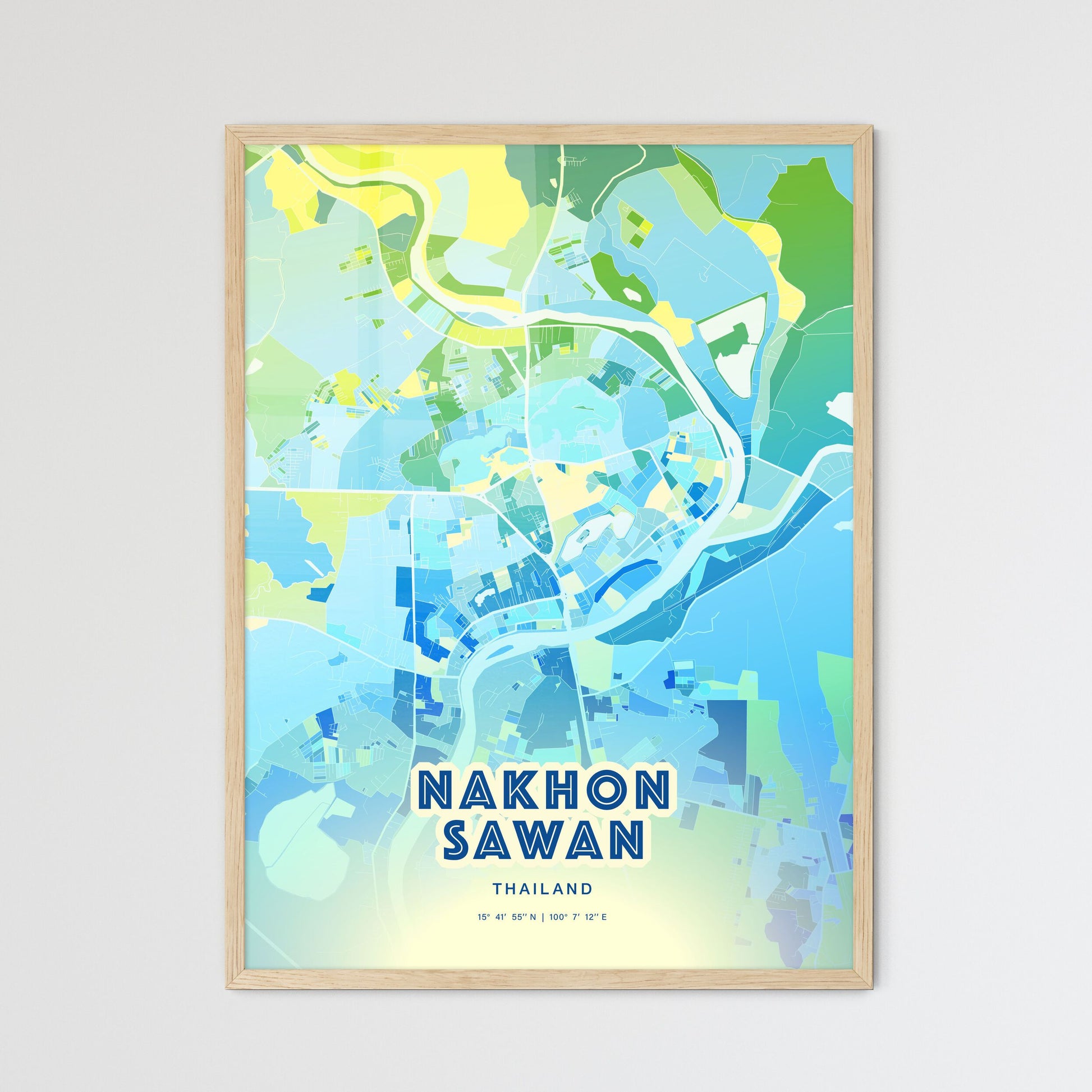 Colorful NAKHON SAWAN THAILAND Fine Art Map Cool Blue