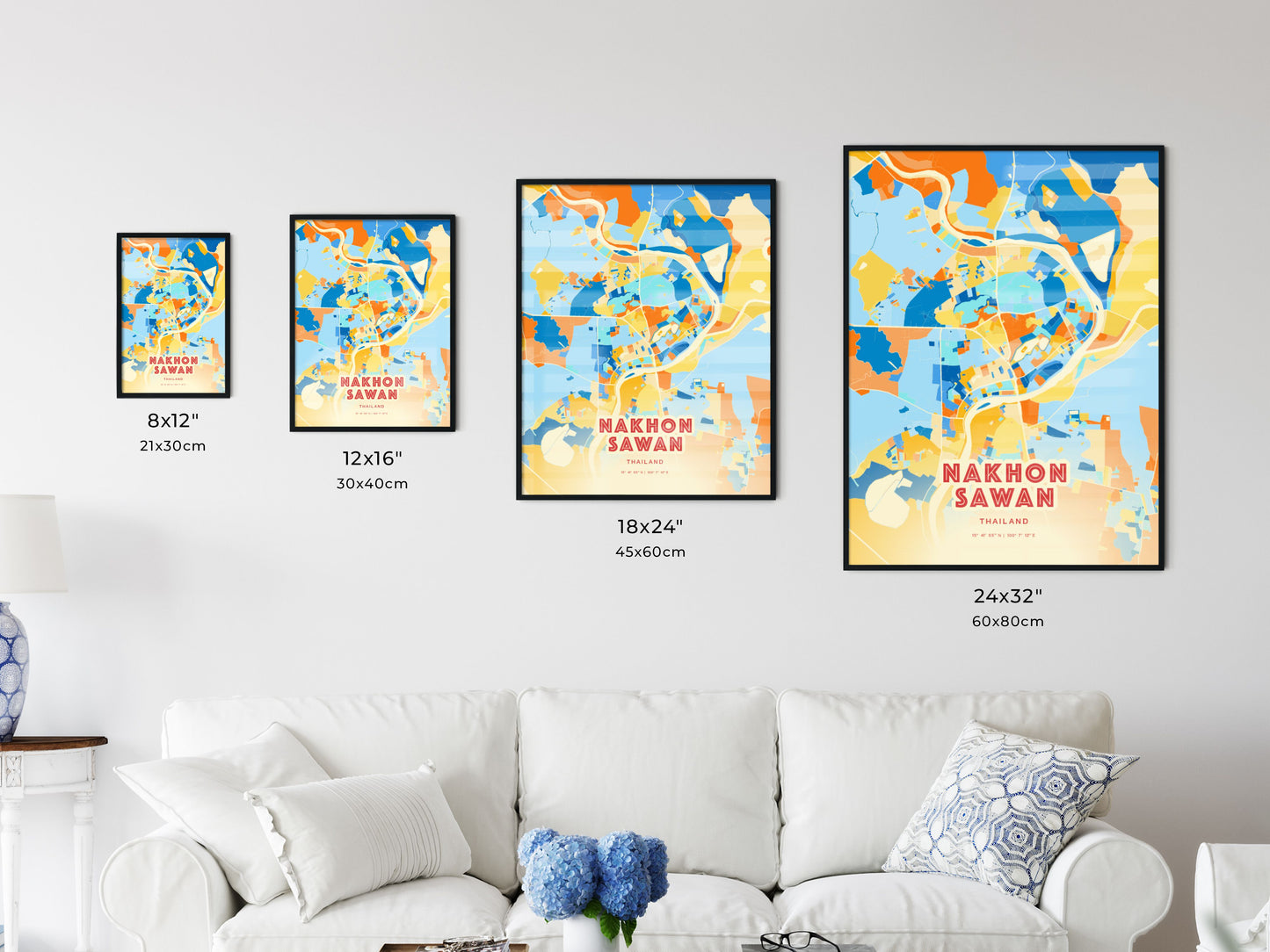 Colorful NAKHON SAWAN THAILAND Fine Art Map Blue Orange