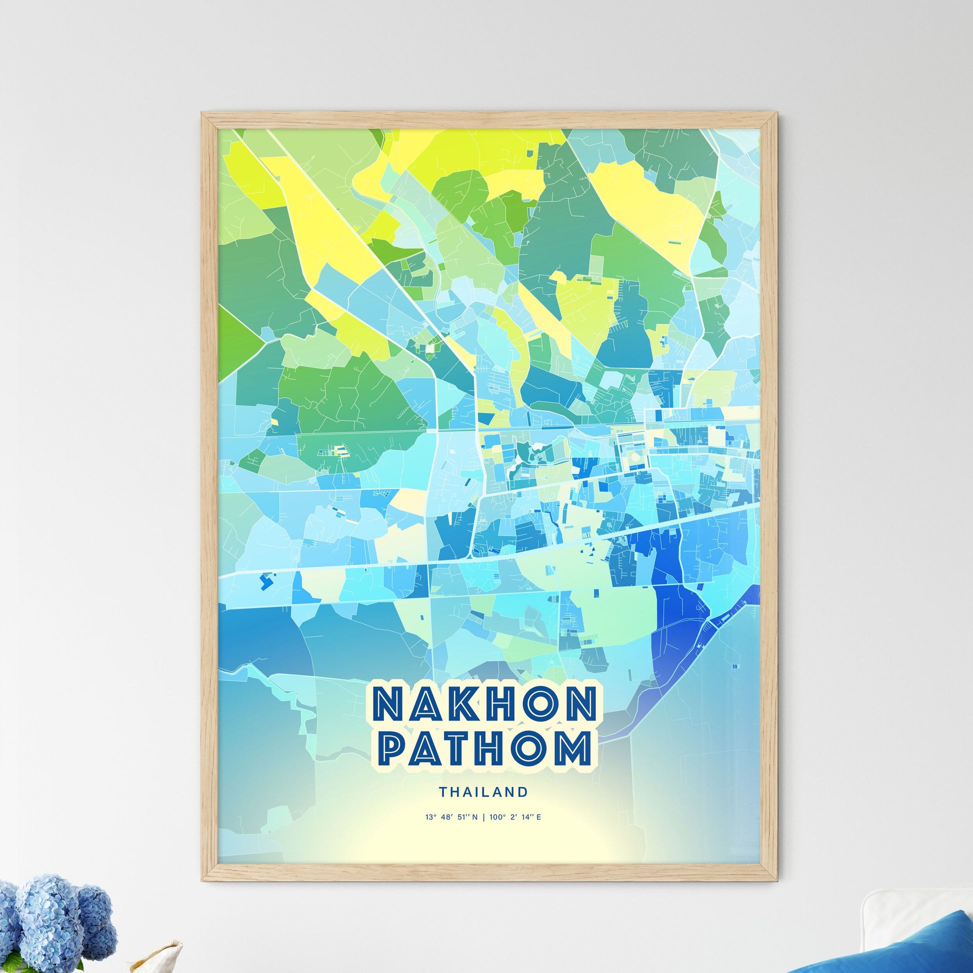 Colorful NAKHON PATHOM THAILAND Fine Art Map Cool Blue