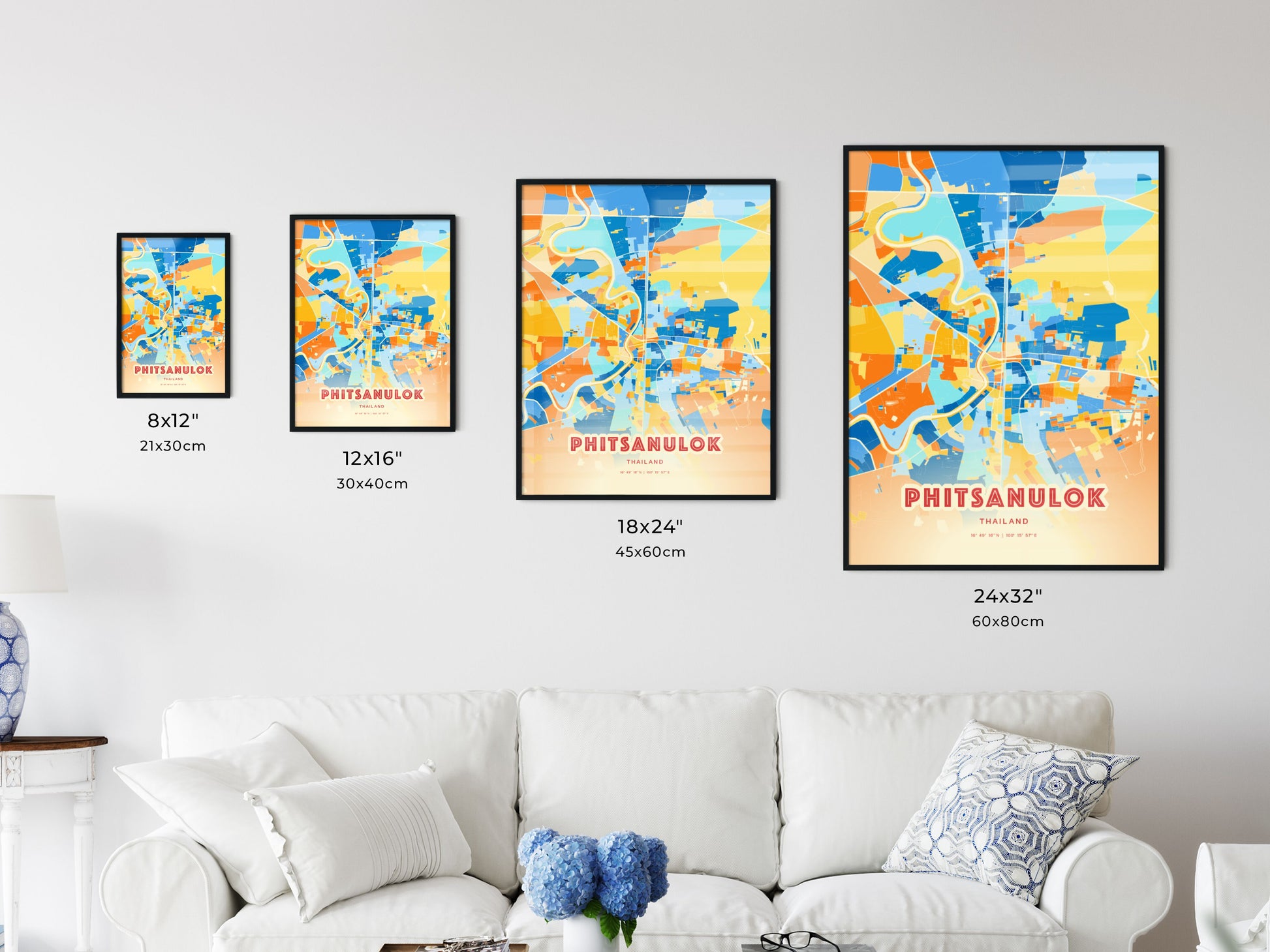 Colorful PHITSANULOK THAILAND Fine Art Map Blue Orange