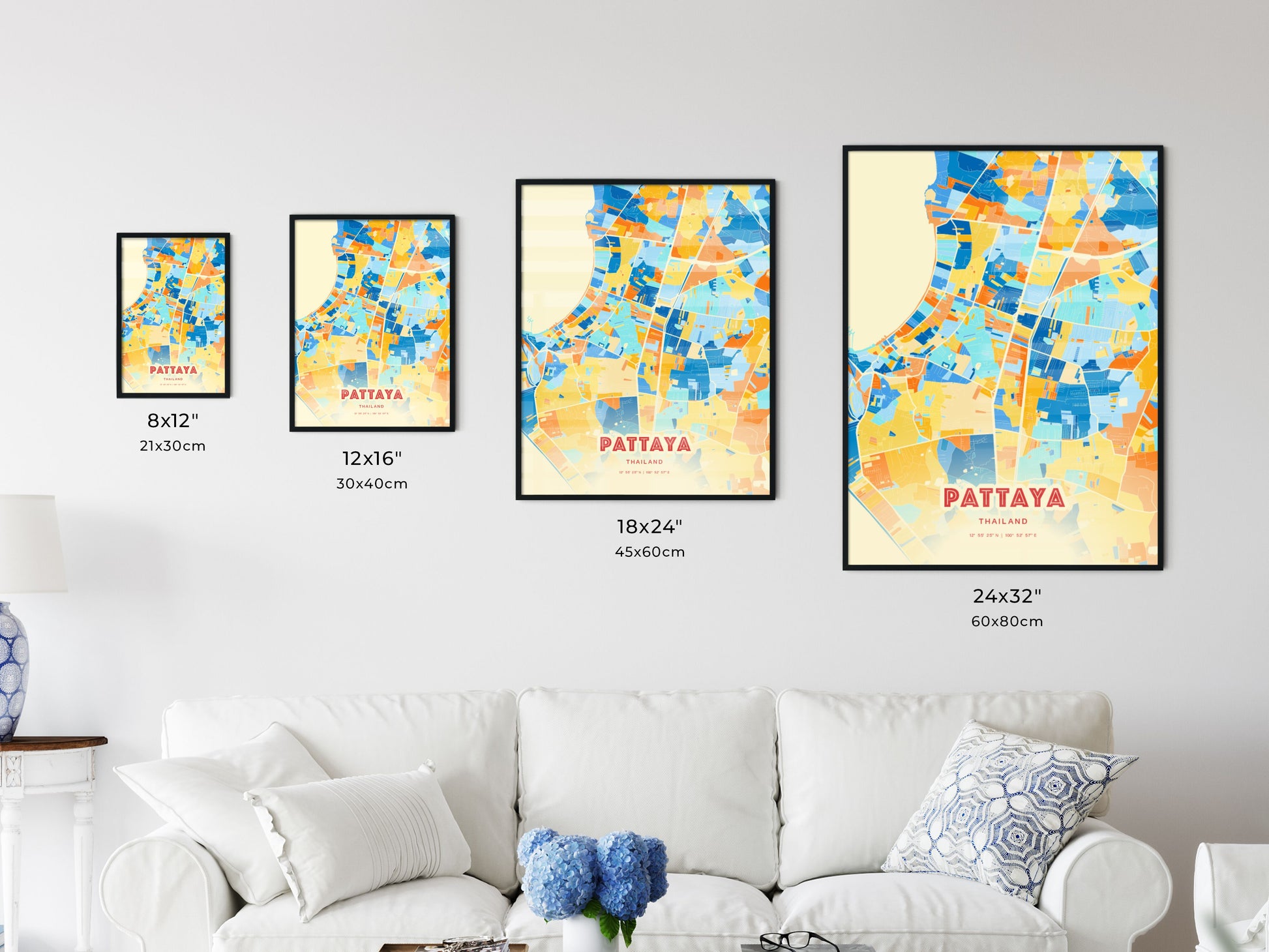 Colorful PATTAYA THAILAND Fine Art Map Blue Orange