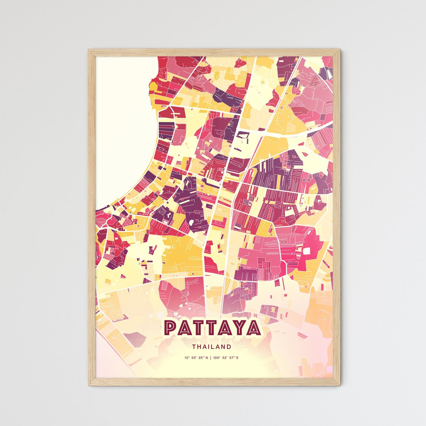 Colorful PATTAYA THAILAND Fine Art Map Hot Red