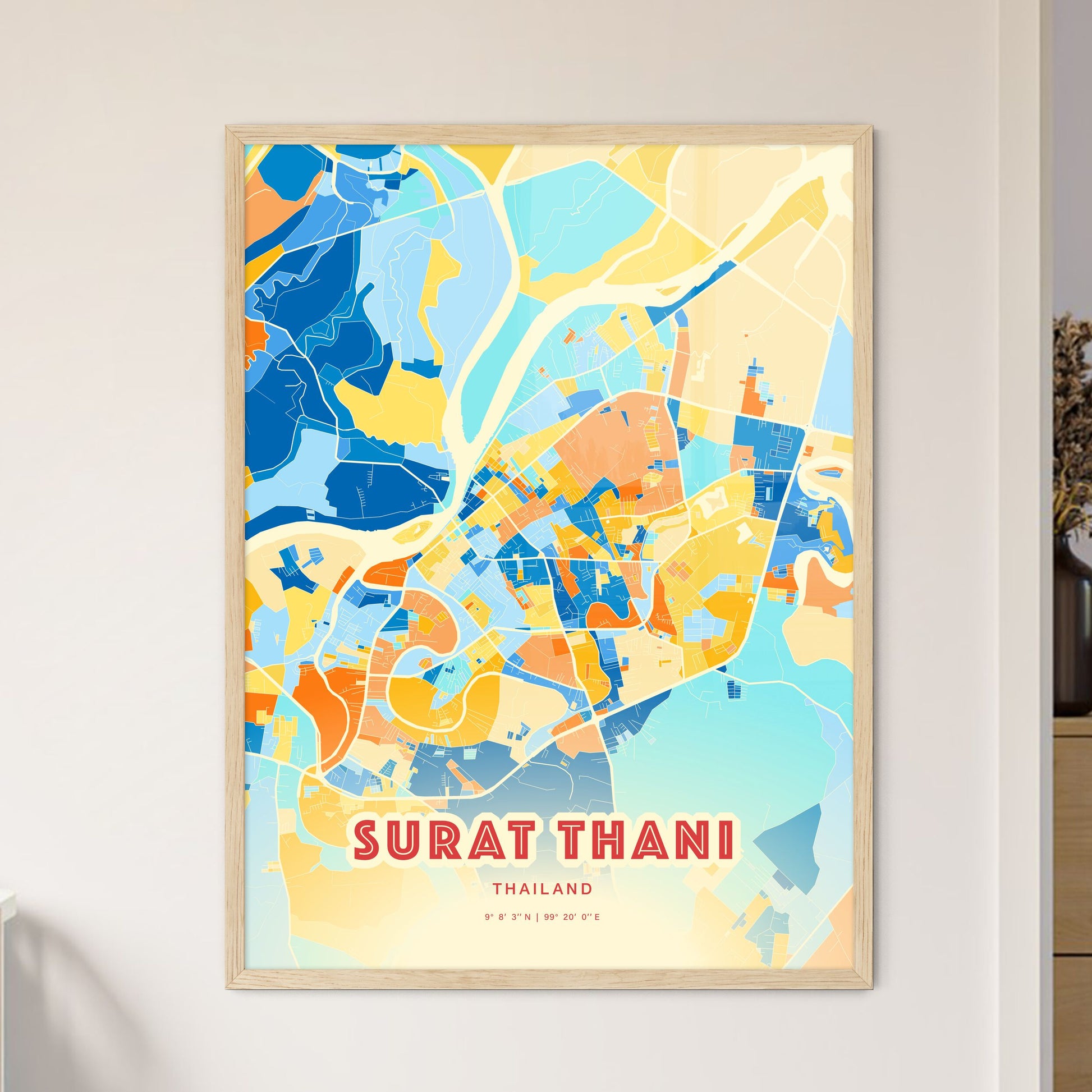 Colorful SURAT THANI THAILAND Fine Art Map Blue Orange