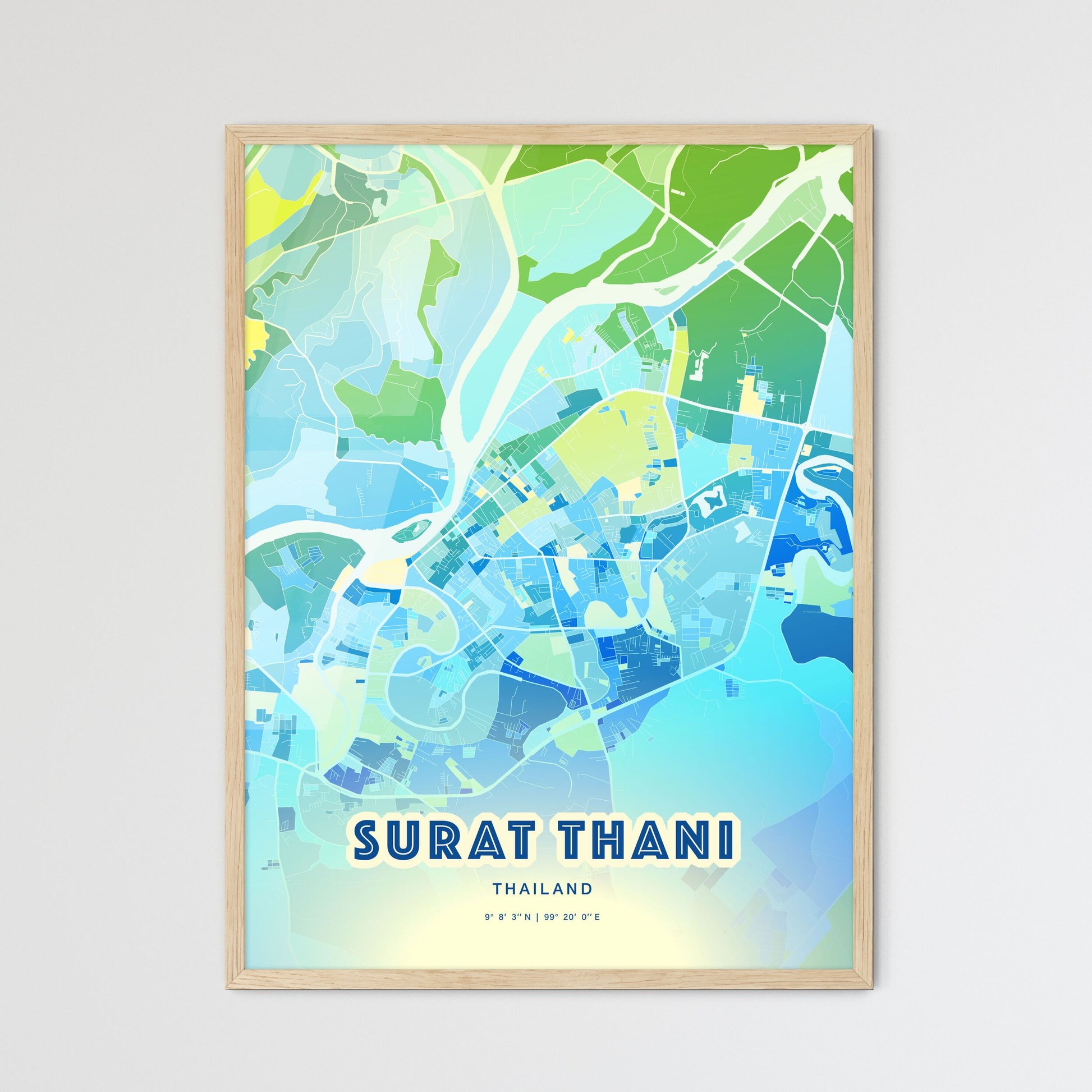 Colorful SURAT THANI THAILAND Fine Art Map Cool Blue