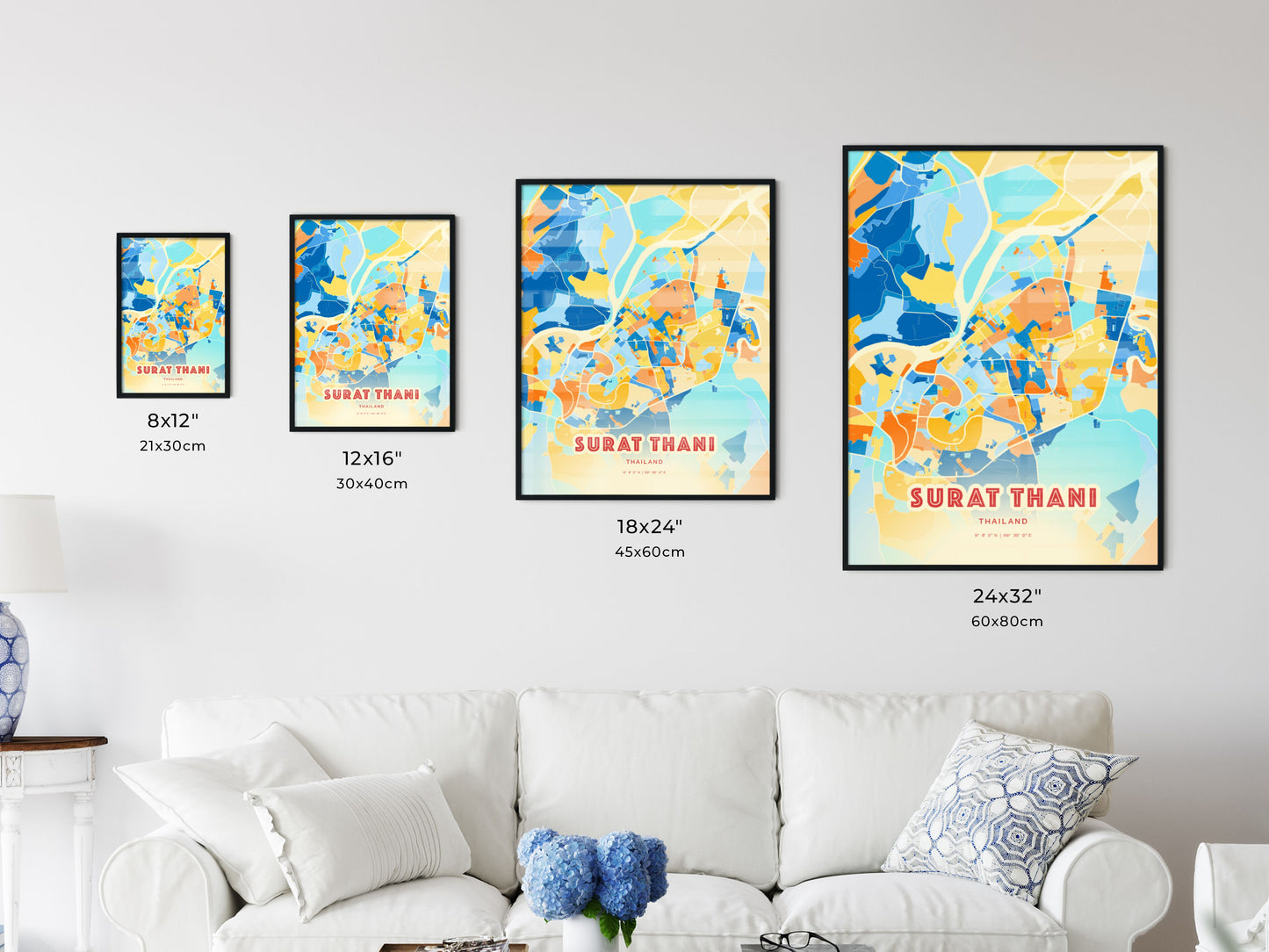 Colorful SURAT THANI THAILAND Fine Art Map Blue Orange