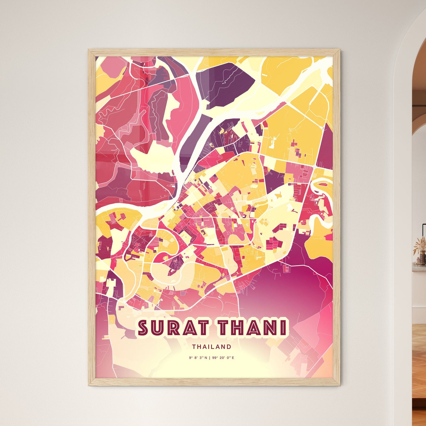 Colorful SURAT THANI THAILAND Fine Art Map Hot Red