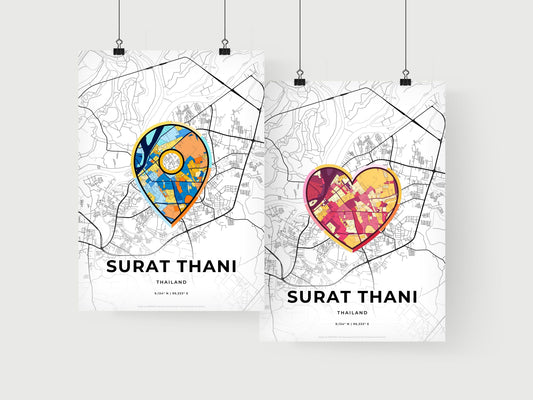 SURAT THANI THAILAND minimal art map with a colorful icon. Where it all began, Couple map gift.
