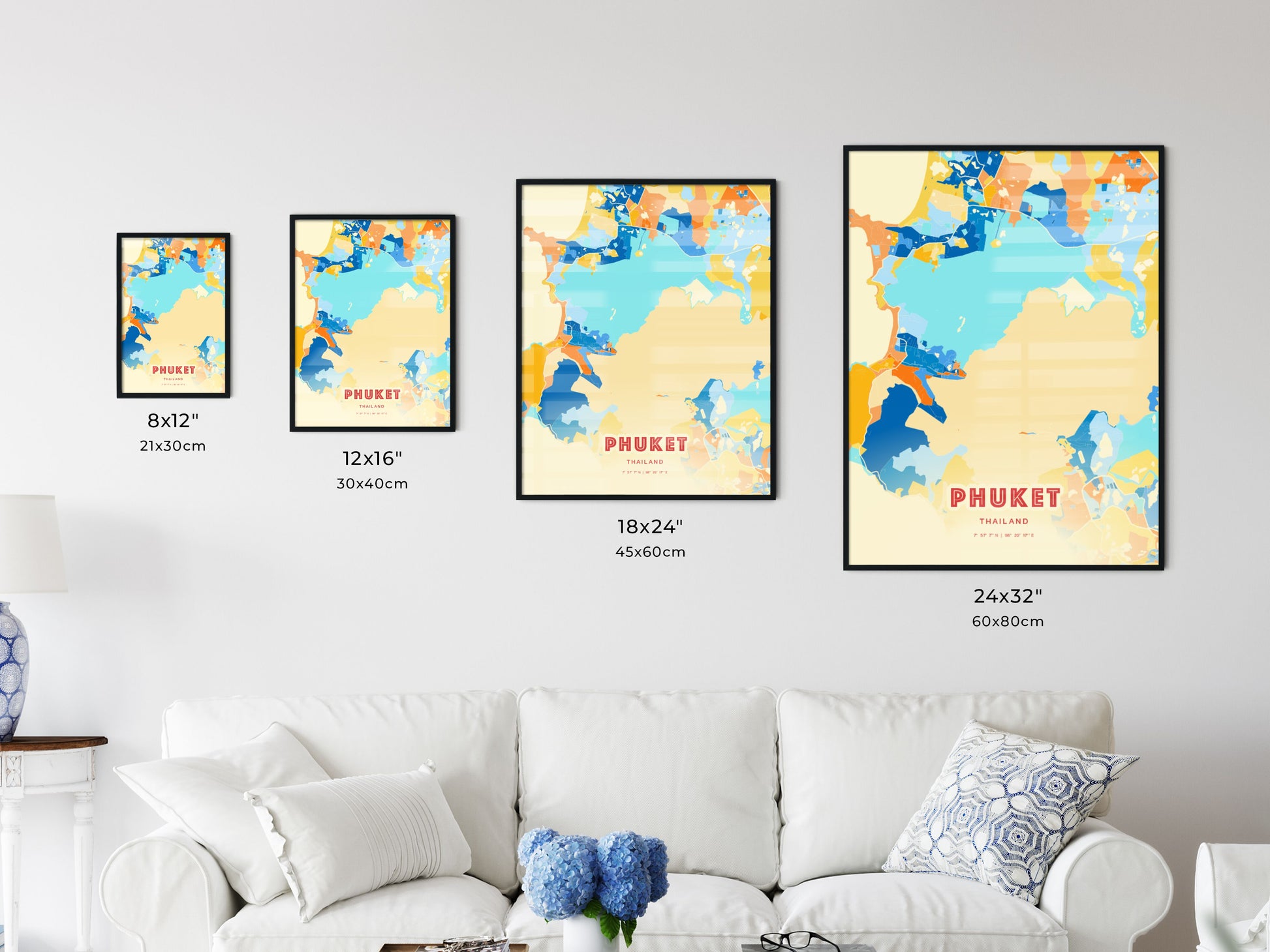 Colorful PHUKET THAILAND Fine Art Map Blue Orange