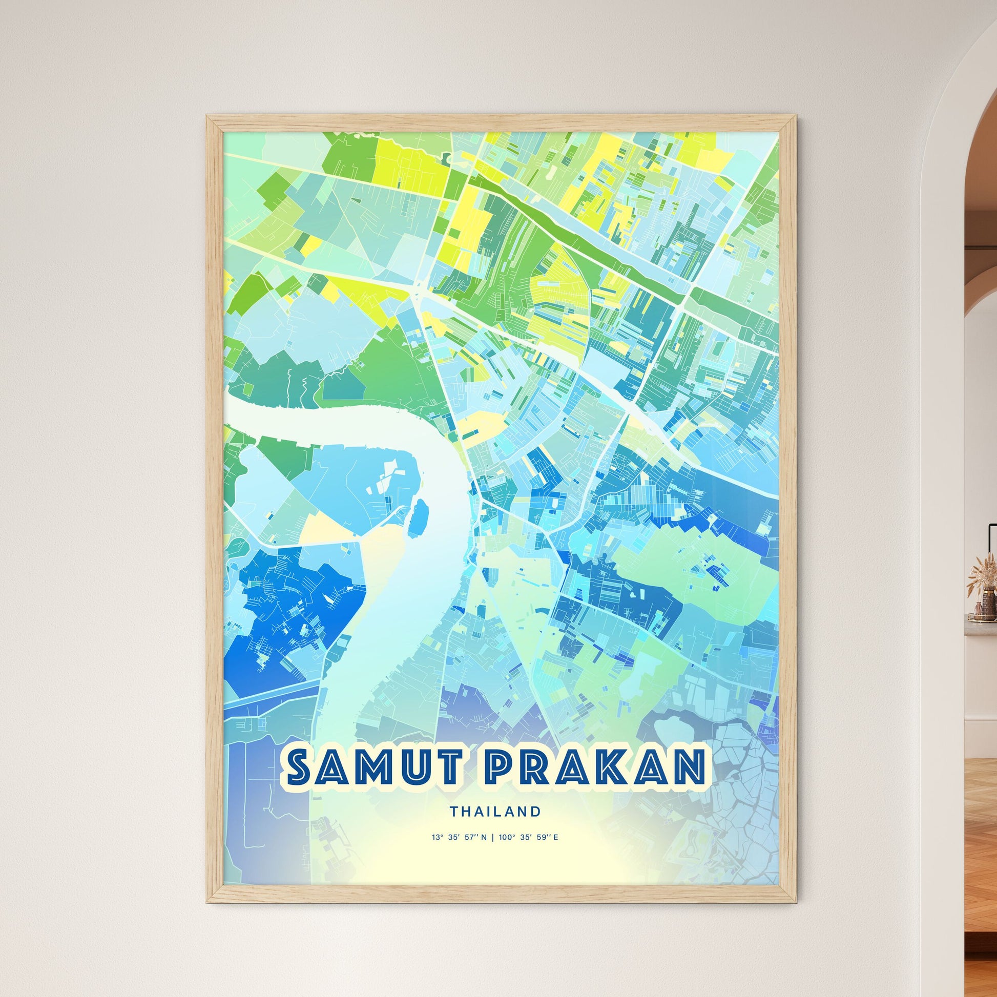 Colorful SAMUT PRAKAN THAILAND Fine Art Map Cool Blue