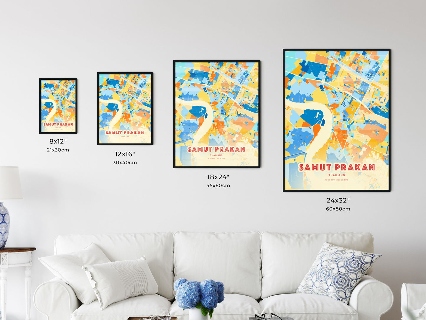 Colorful SAMUT PRAKAN THAILAND Fine Art Map Blue Orange