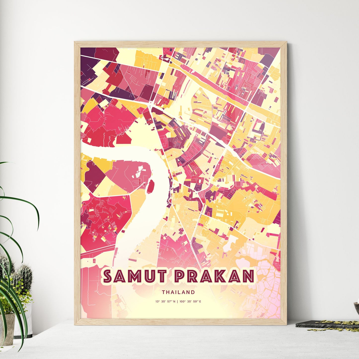 Colorful SAMUT PRAKAN THAILAND Fine Art Map Hot Red
