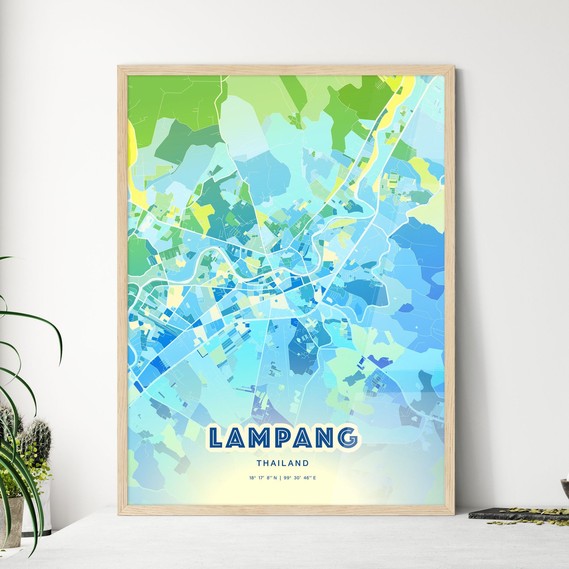 Colorful LAMPANG THAILAND Fine Art Map Cool Blue