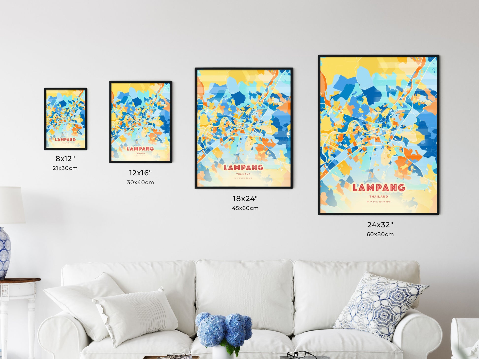 Colorful LAMPANG THAILAND Fine Art Map Blue Orange