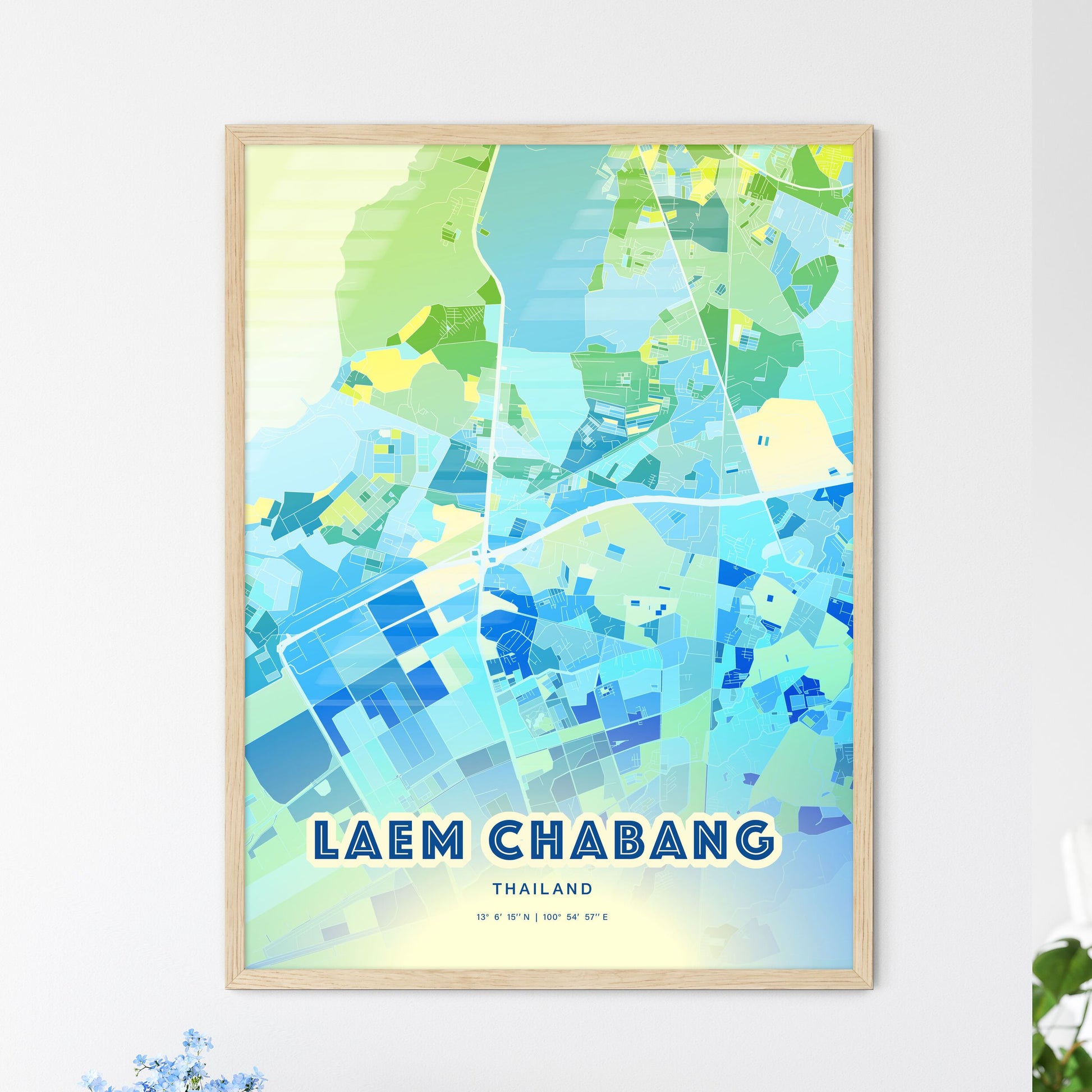 Colorful LAEM CHABANG THAILAND Fine Art Map Cool Blue