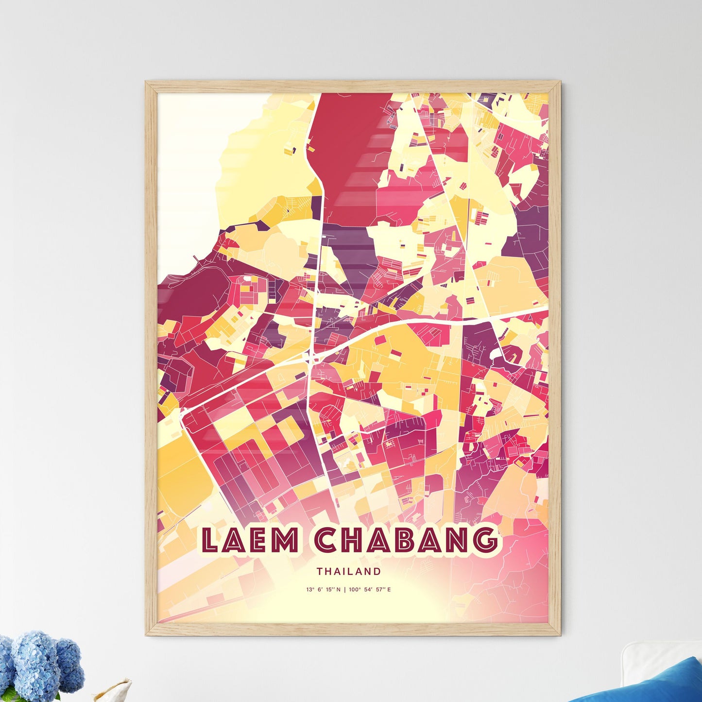 Colorful LAEM CHABANG THAILAND Fine Art Map Hot Red