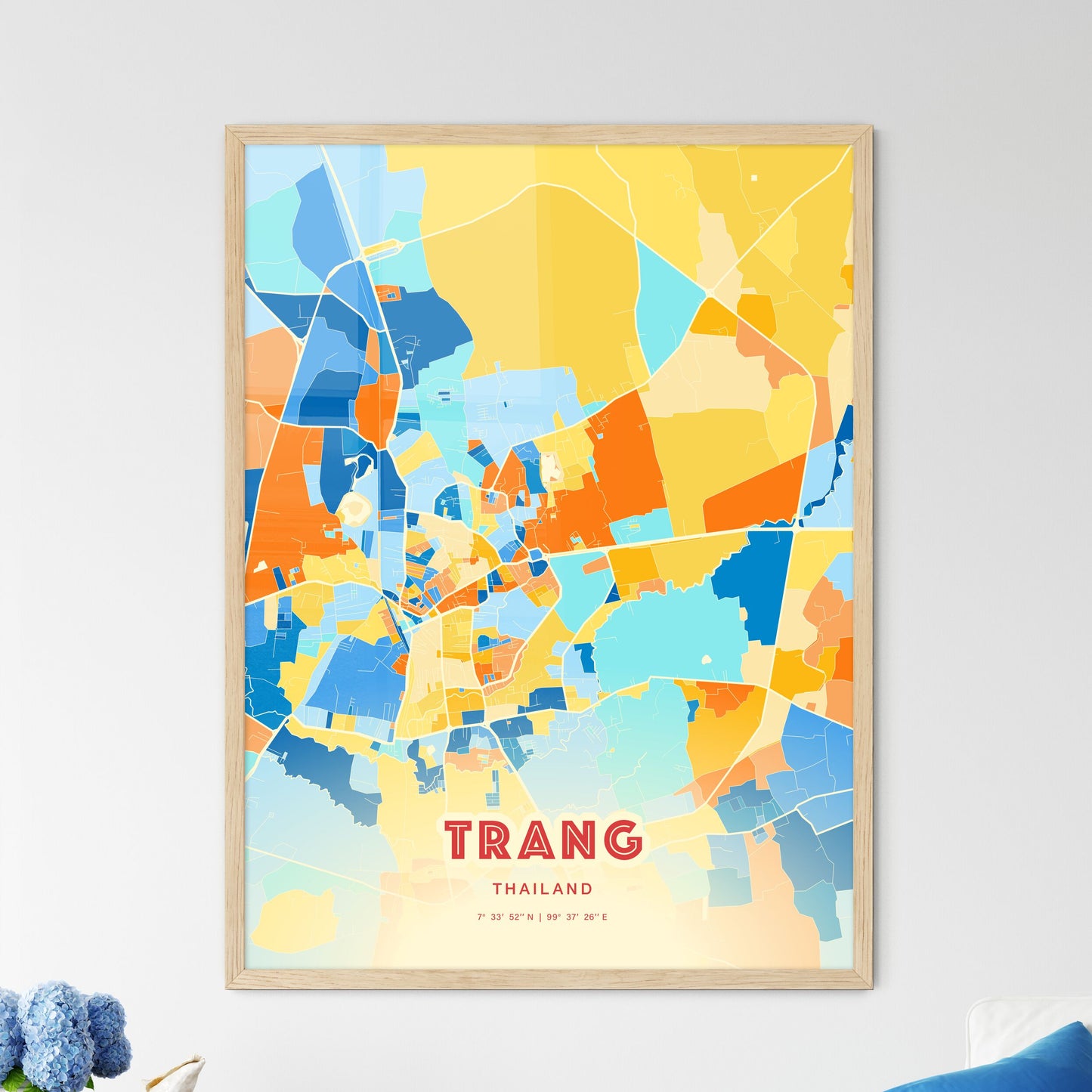 Colorful TRANG THAILAND Fine Art Map Blue Orange