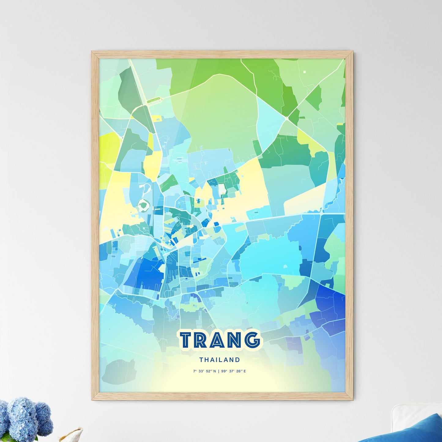 Colorful TRANG THAILAND Fine Art Map Cool Blue