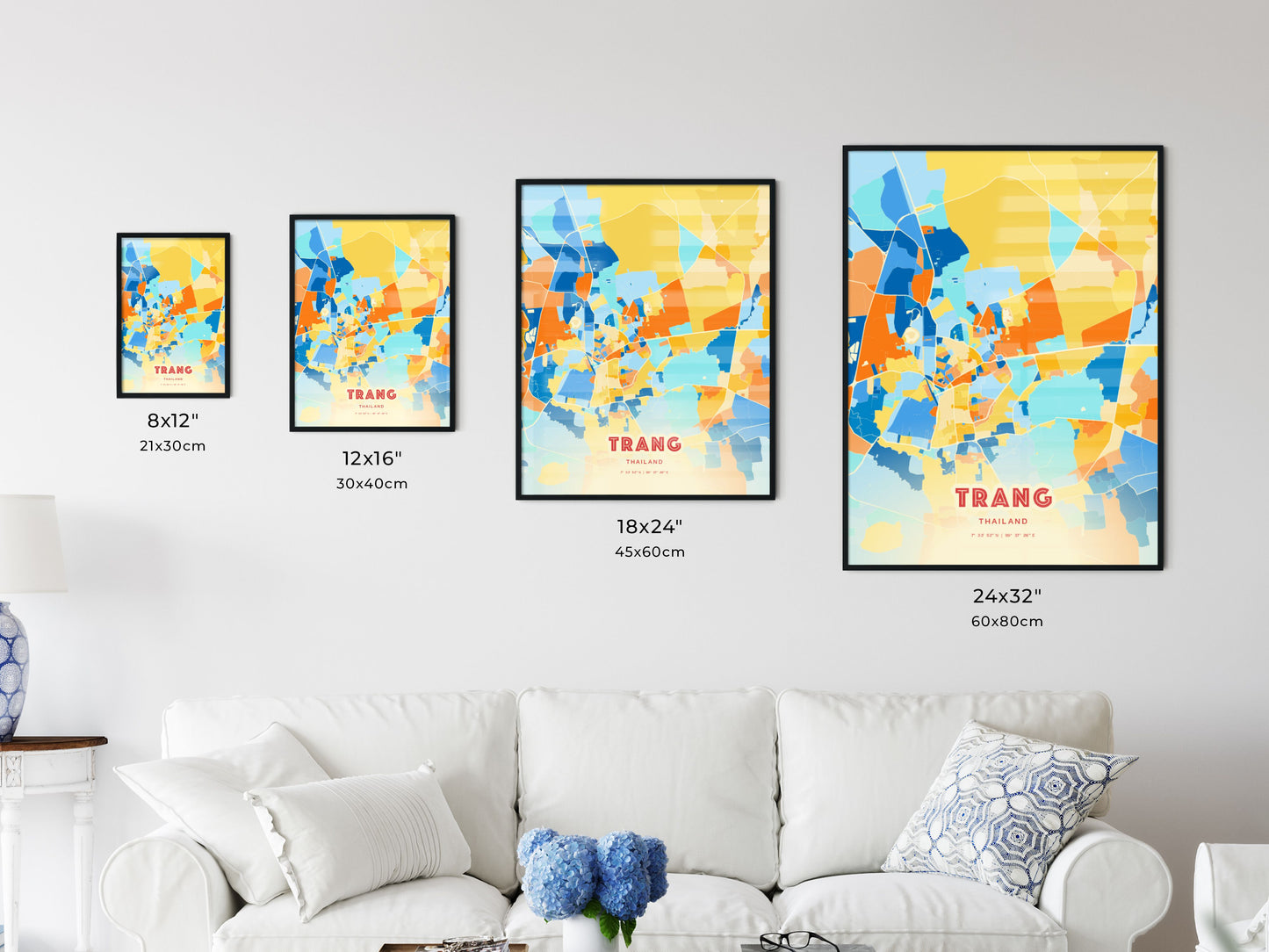 Colorful TRANG THAILAND Fine Art Map Blue Orange