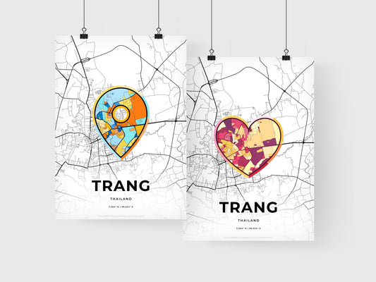 TRANG THAILAND minimal art map with a colorful icon. Where it all began, Couple map gift.