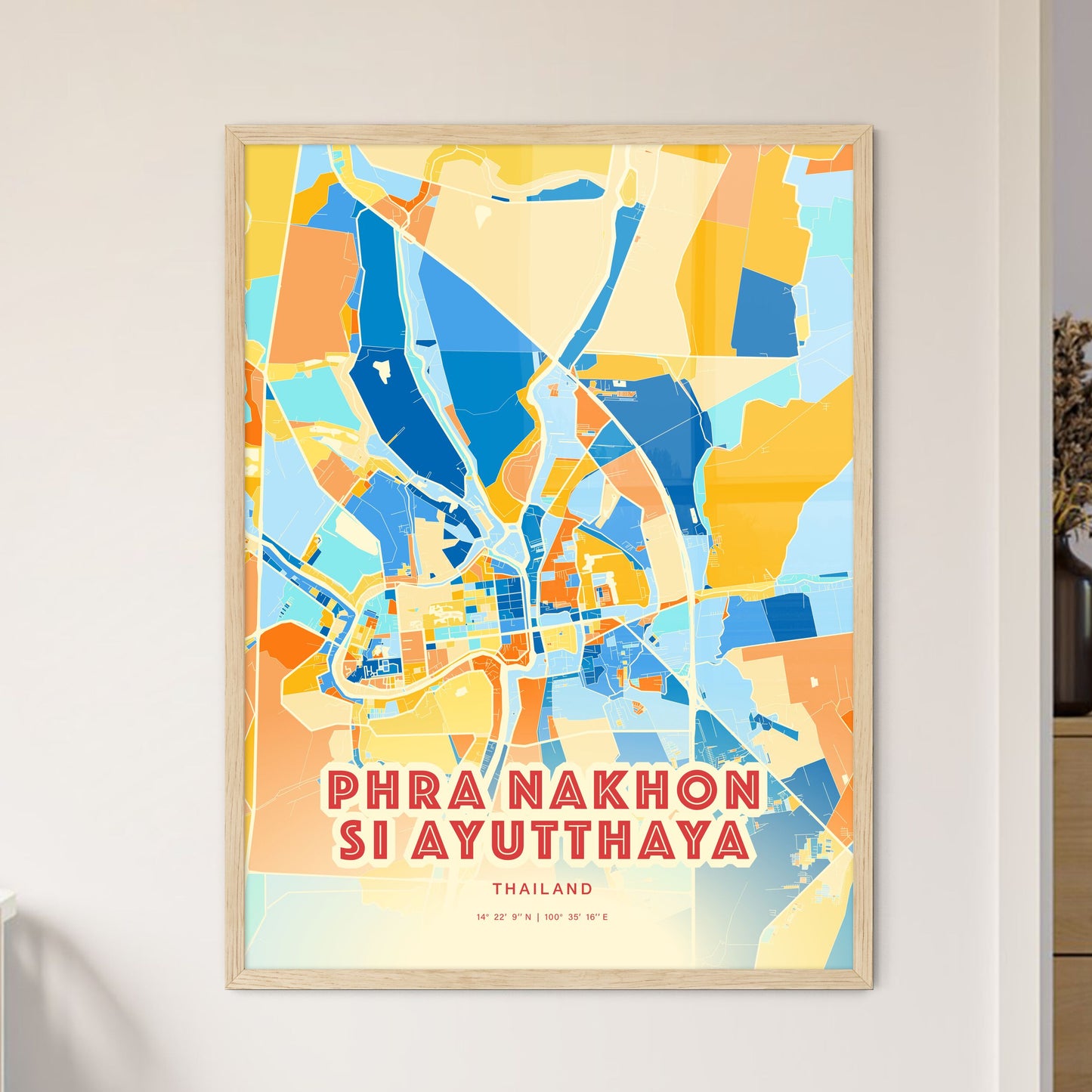 Colorful PHRA NAKHON SI AYUTTHAYA THAILAND Fine Art Map Blue Orange