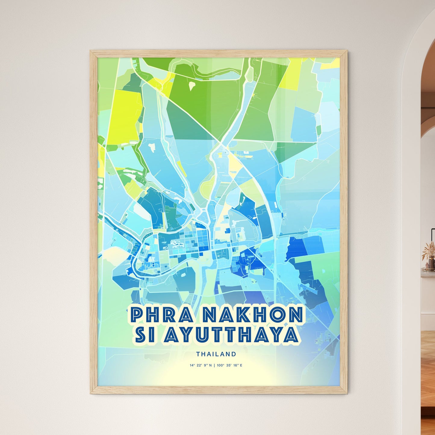 Colorful PHRA NAKHON SI AYUTTHAYA THAILAND Fine Art Map Cool Blue