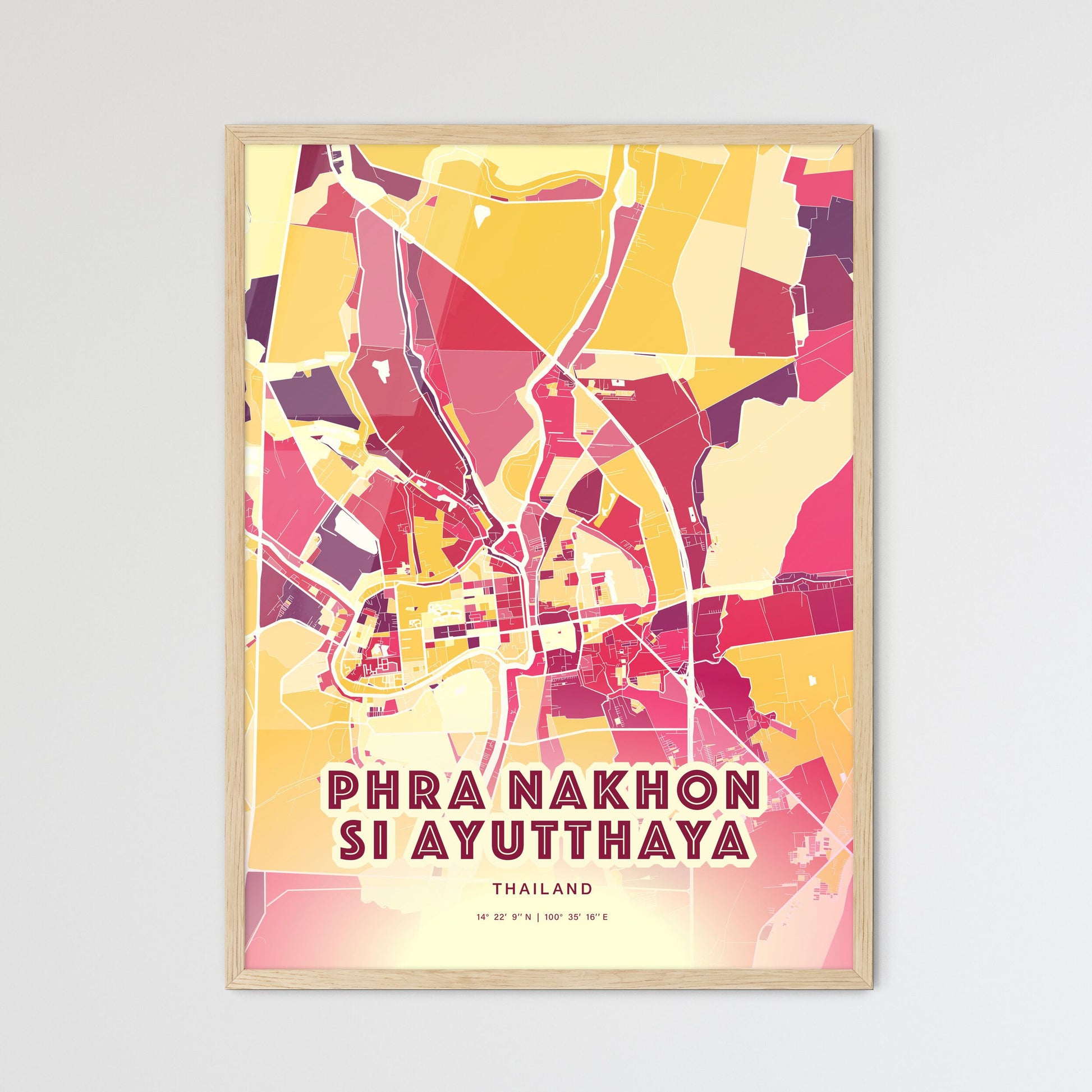 Colorful PHRA NAKHON SI AYUTTHAYA THAILAND Fine Art Map Hot Red