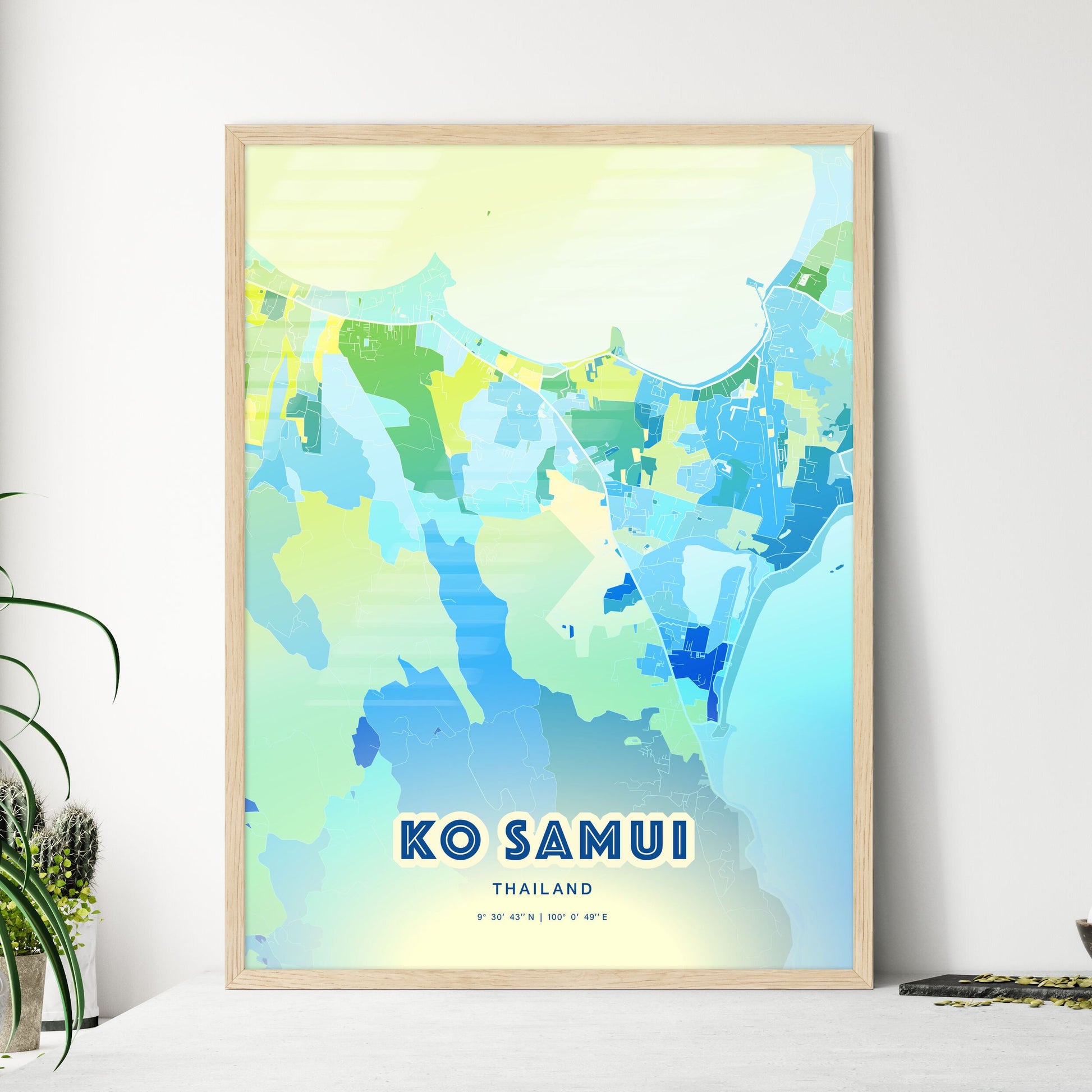 Colorful KO SAMUI THAILAND Fine Art Map Cool Blue