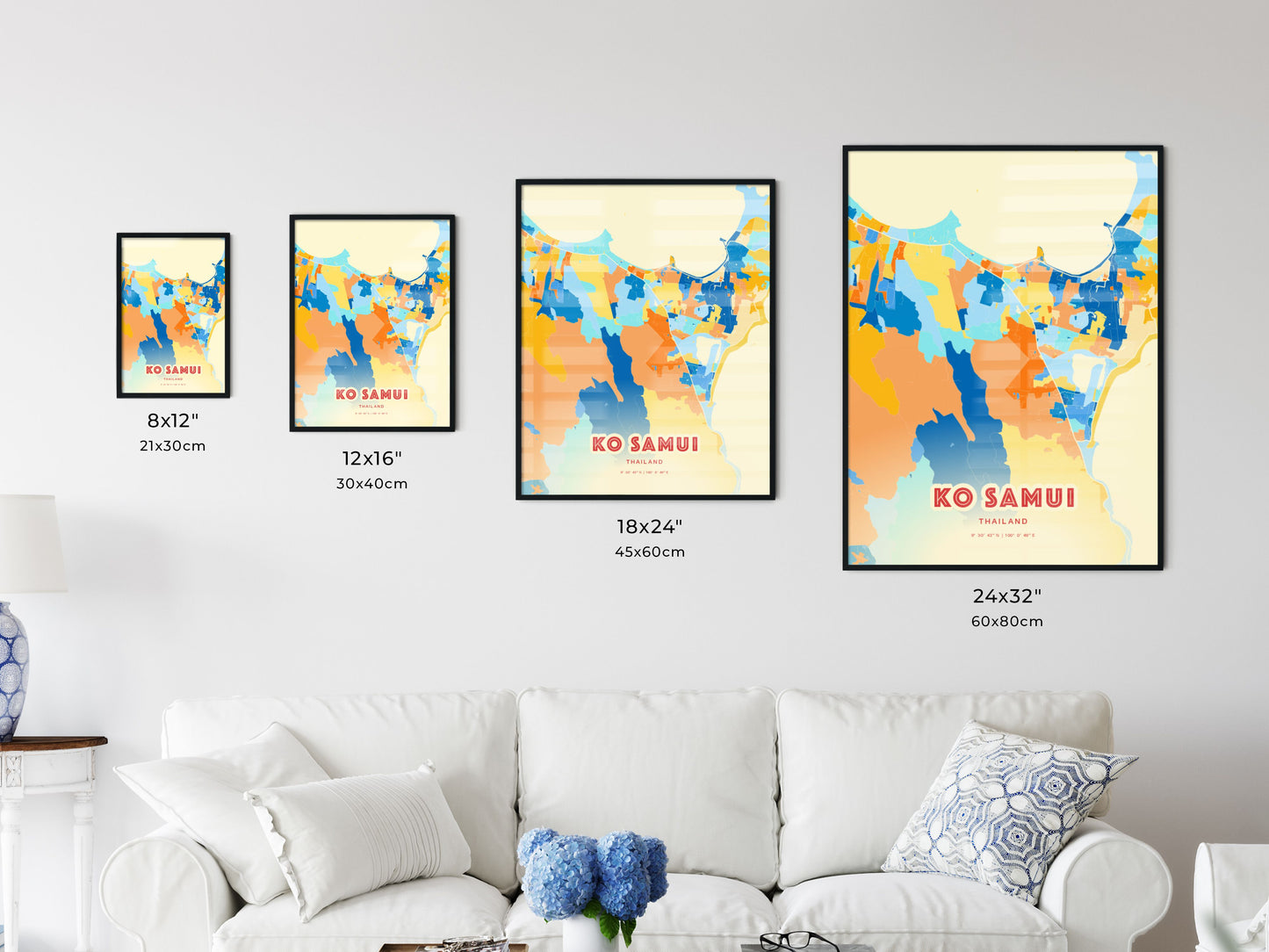 Colorful KO SAMUI THAILAND Fine Art Map Blue Orange