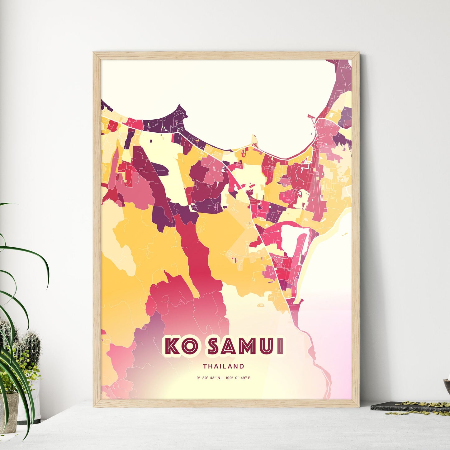 Colorful KO SAMUI THAILAND Fine Art Map Hot Red