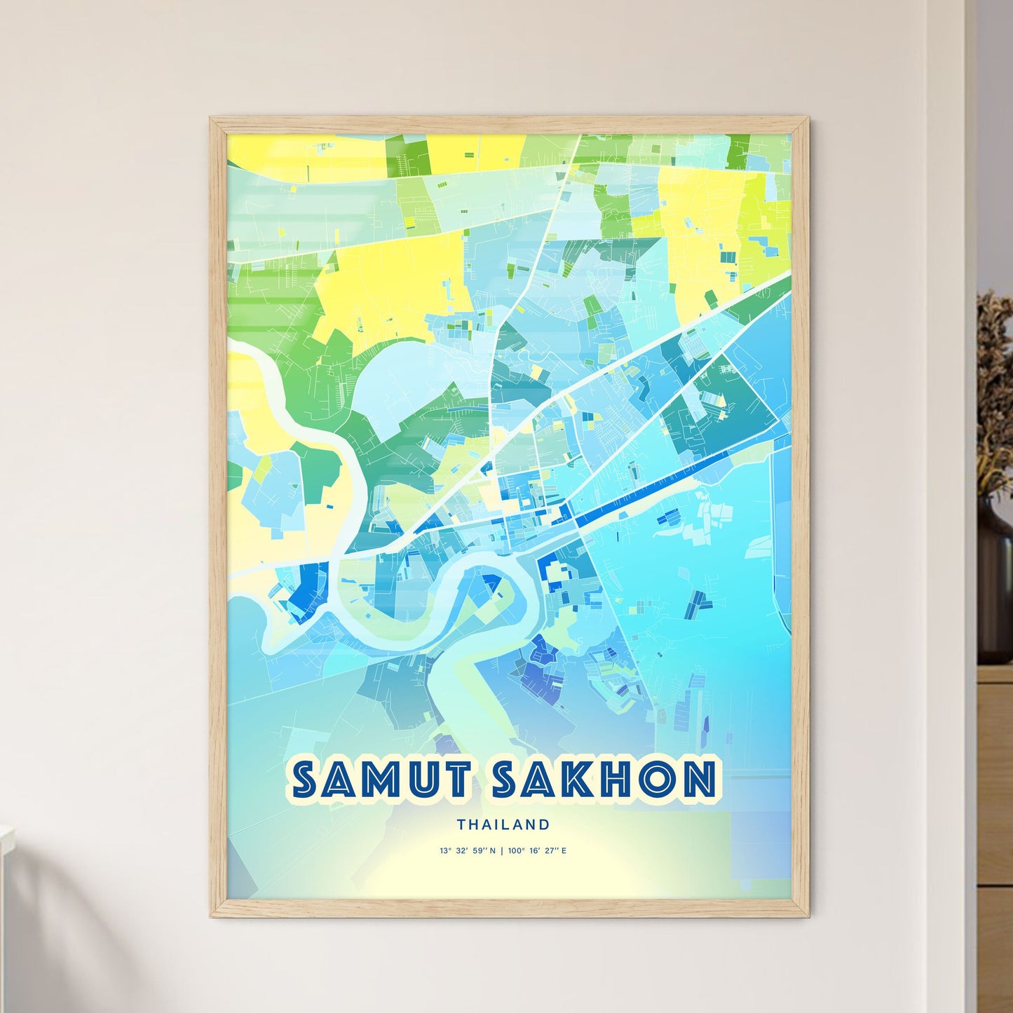 Colorful SAMUT SAKHON THAILAND Fine Art Map Cool Blue