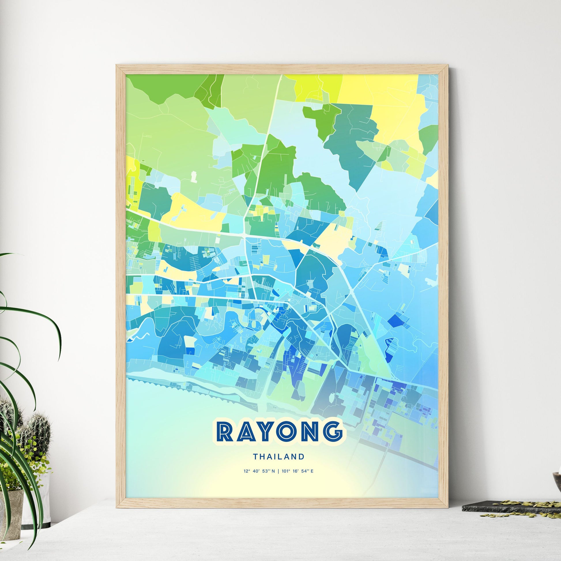 Colorful RAYONG THAILAND Fine Art Map Cool Blue