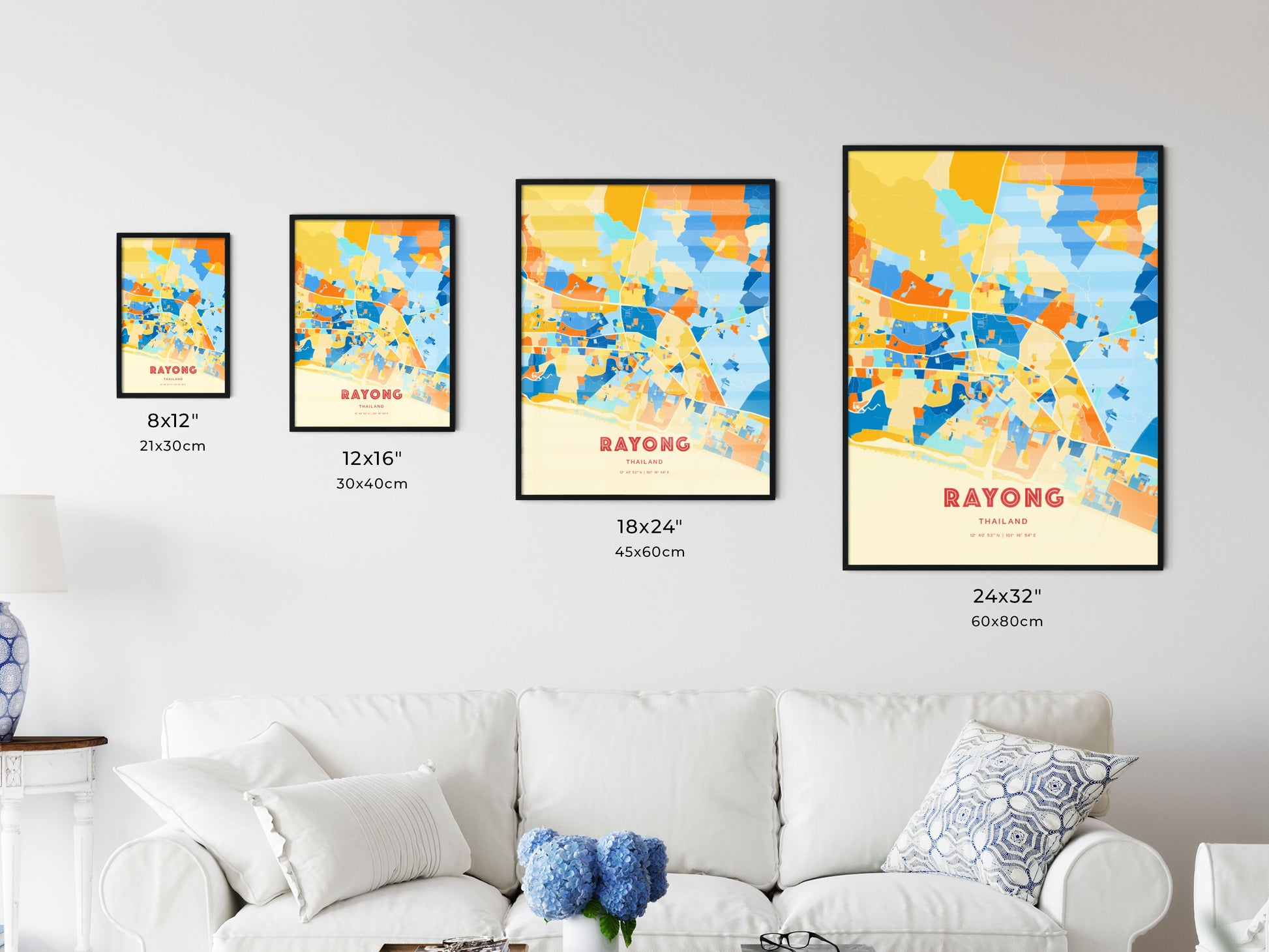 Colorful RAYONG THAILAND Fine Art Map Blue Orange