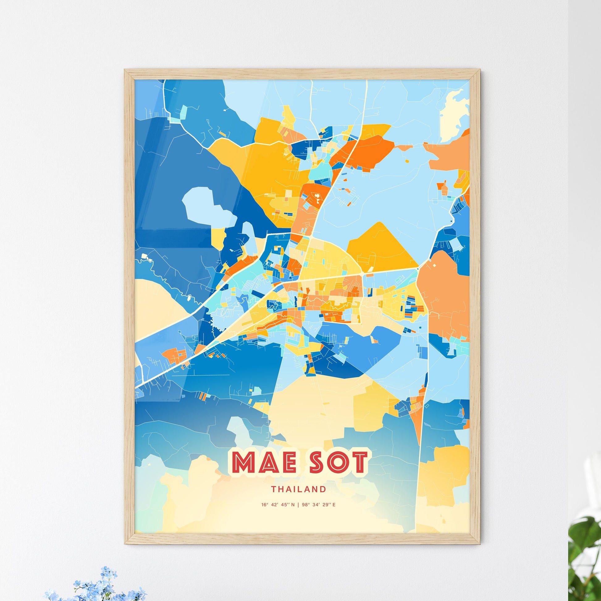 Colorful MAE SOT THAILAND Fine Art Map Blue Orange
