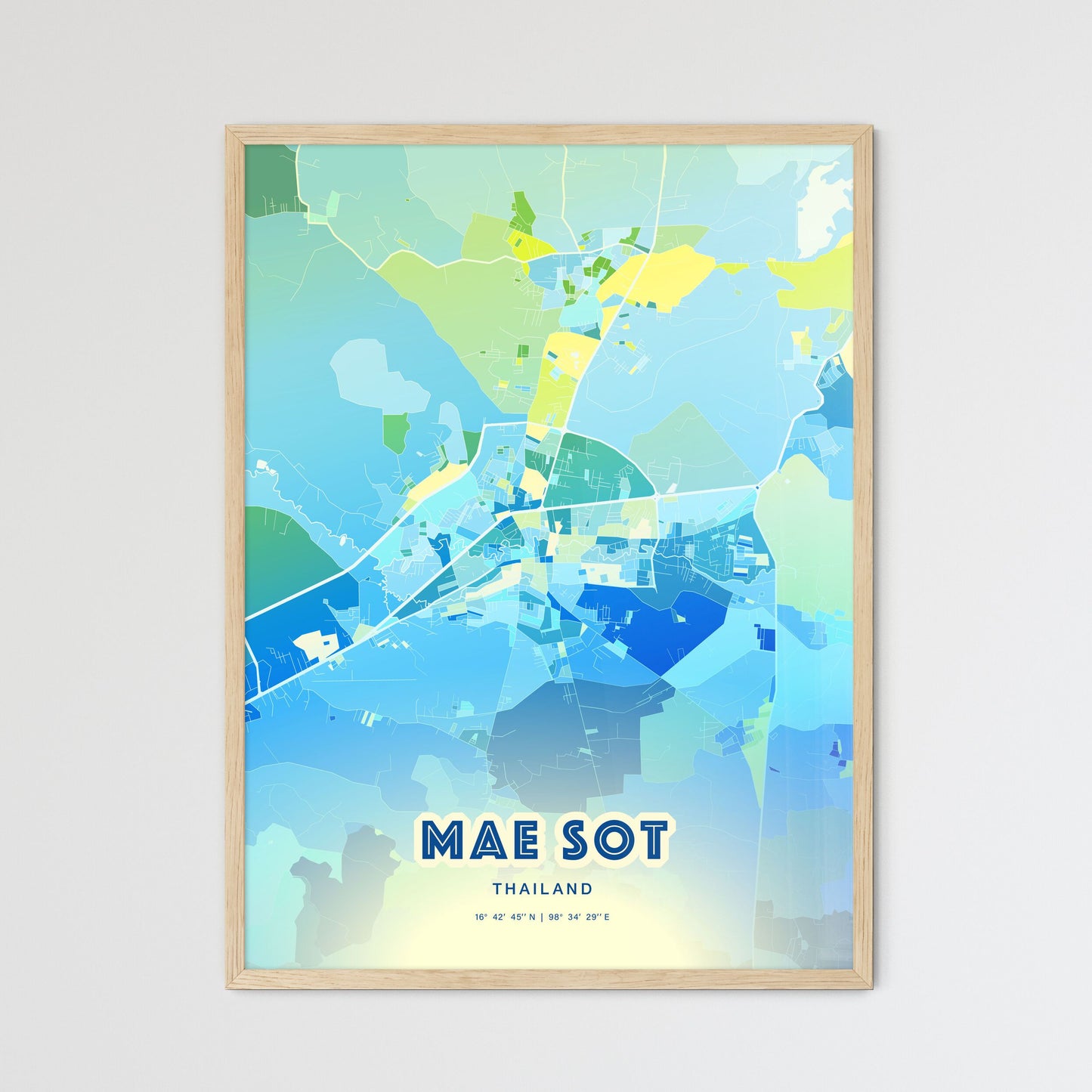 Colorful MAE SOT THAILAND Fine Art Map Cool Blue