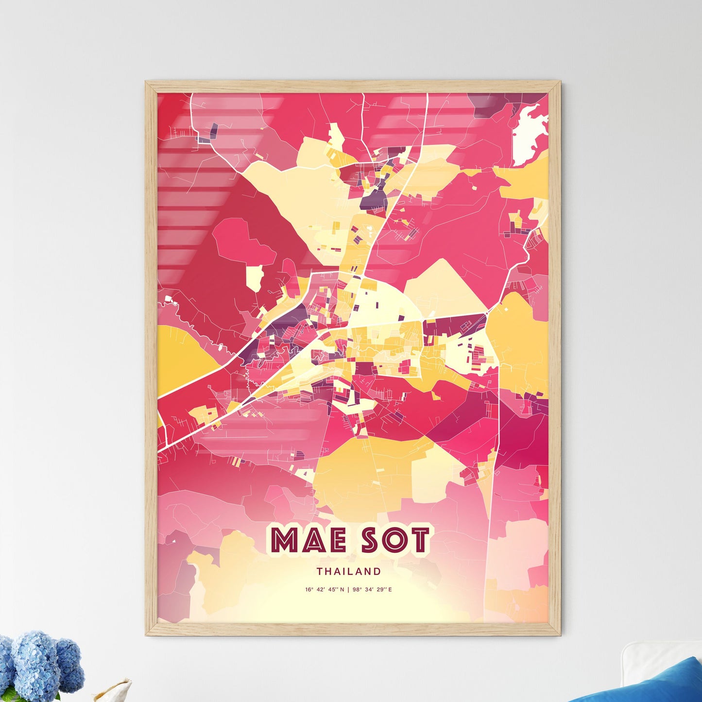 Colorful MAE SOT THAILAND Fine Art Map Hot Red