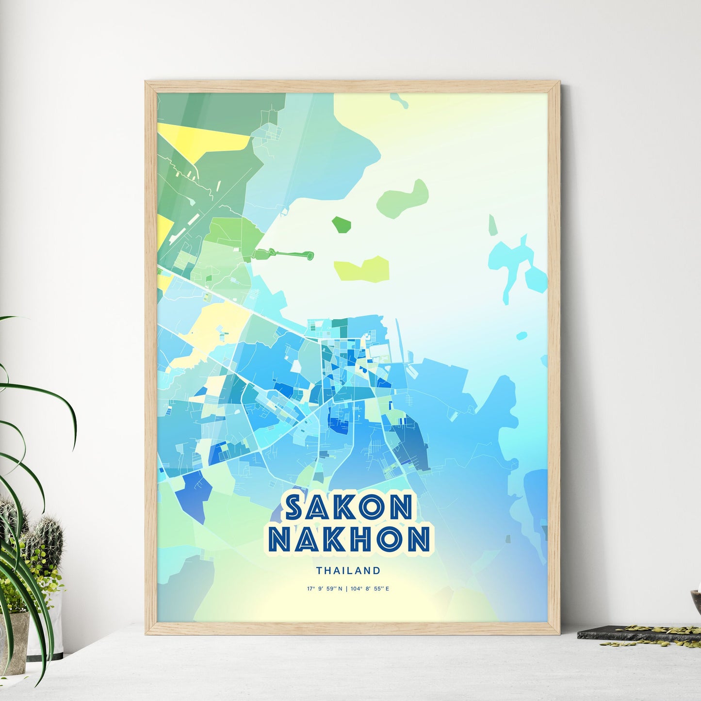 Colorful SAKON NAKHON THAILAND Fine Art Map Cool Blue