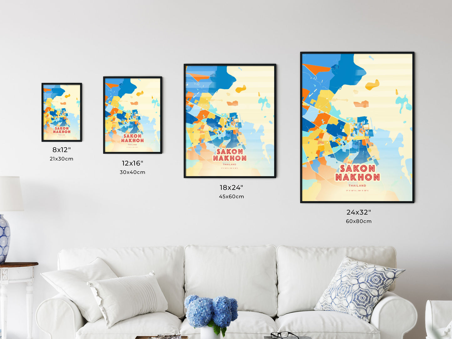 Colorful SAKON NAKHON THAILAND Fine Art Map Blue Orange